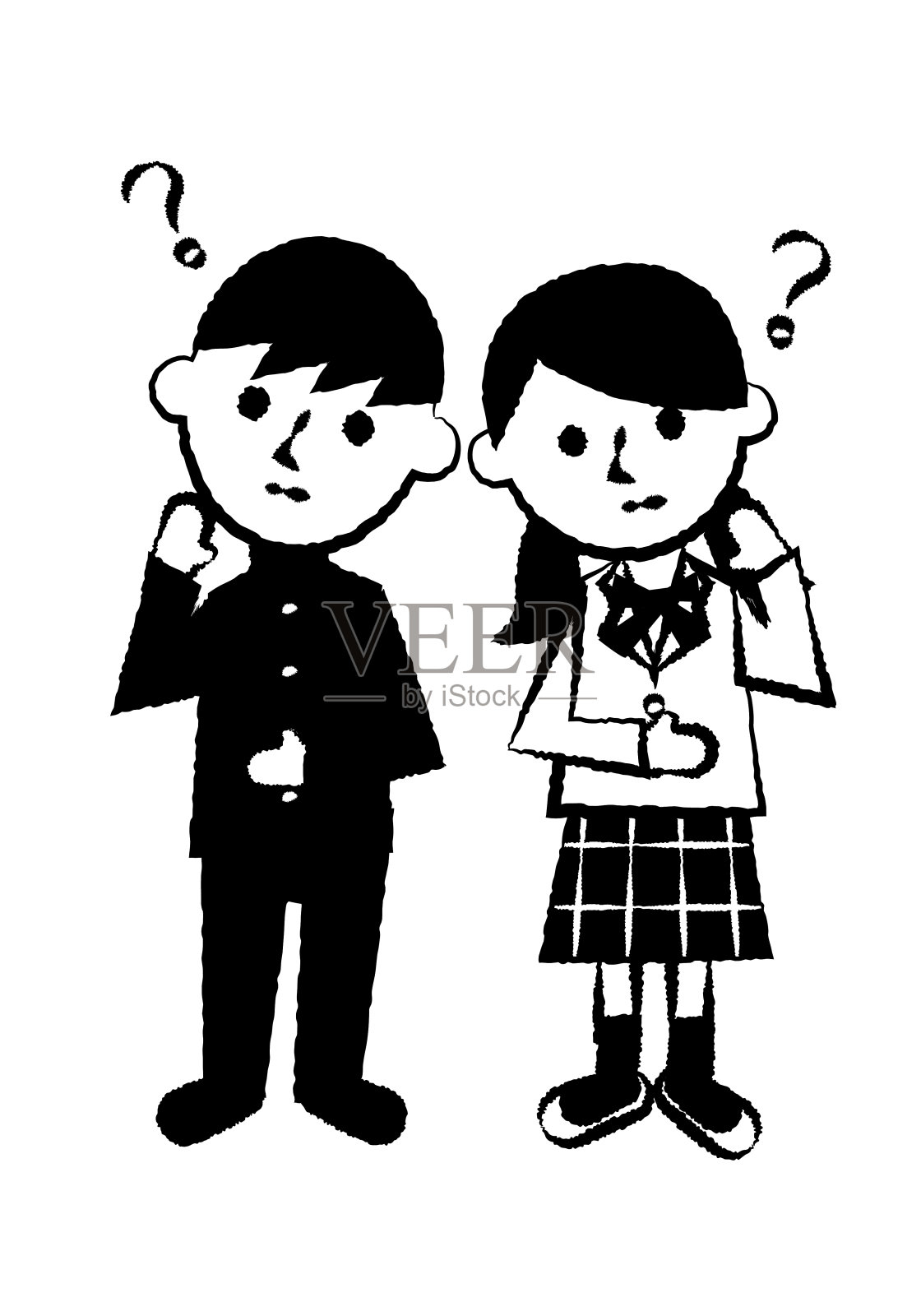 思考的面部表情。全身男女学生。矢量插图。插画图片素材