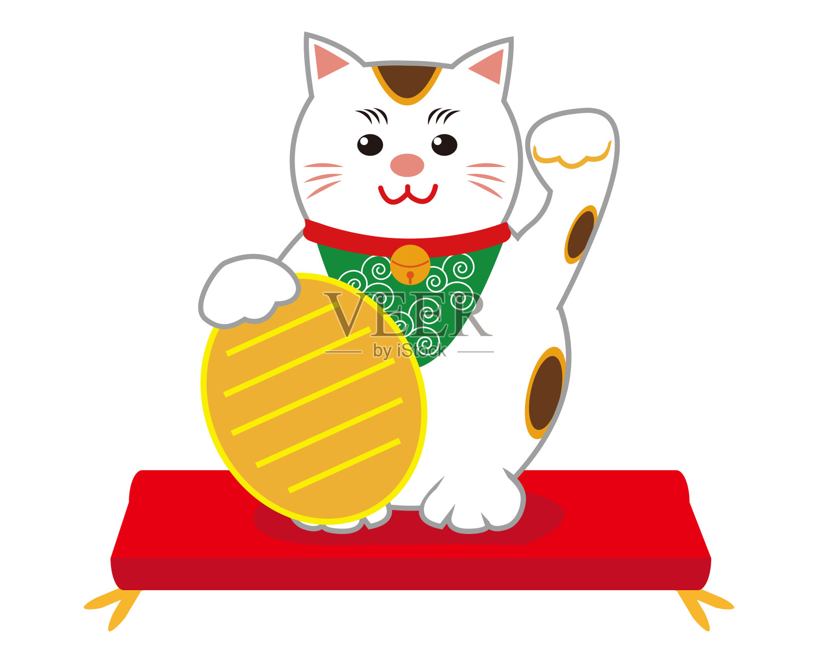 幸运黑猫坐着，拿着金币。可爱的卡通人物。日本幸运猫猫神猫插画图片素材