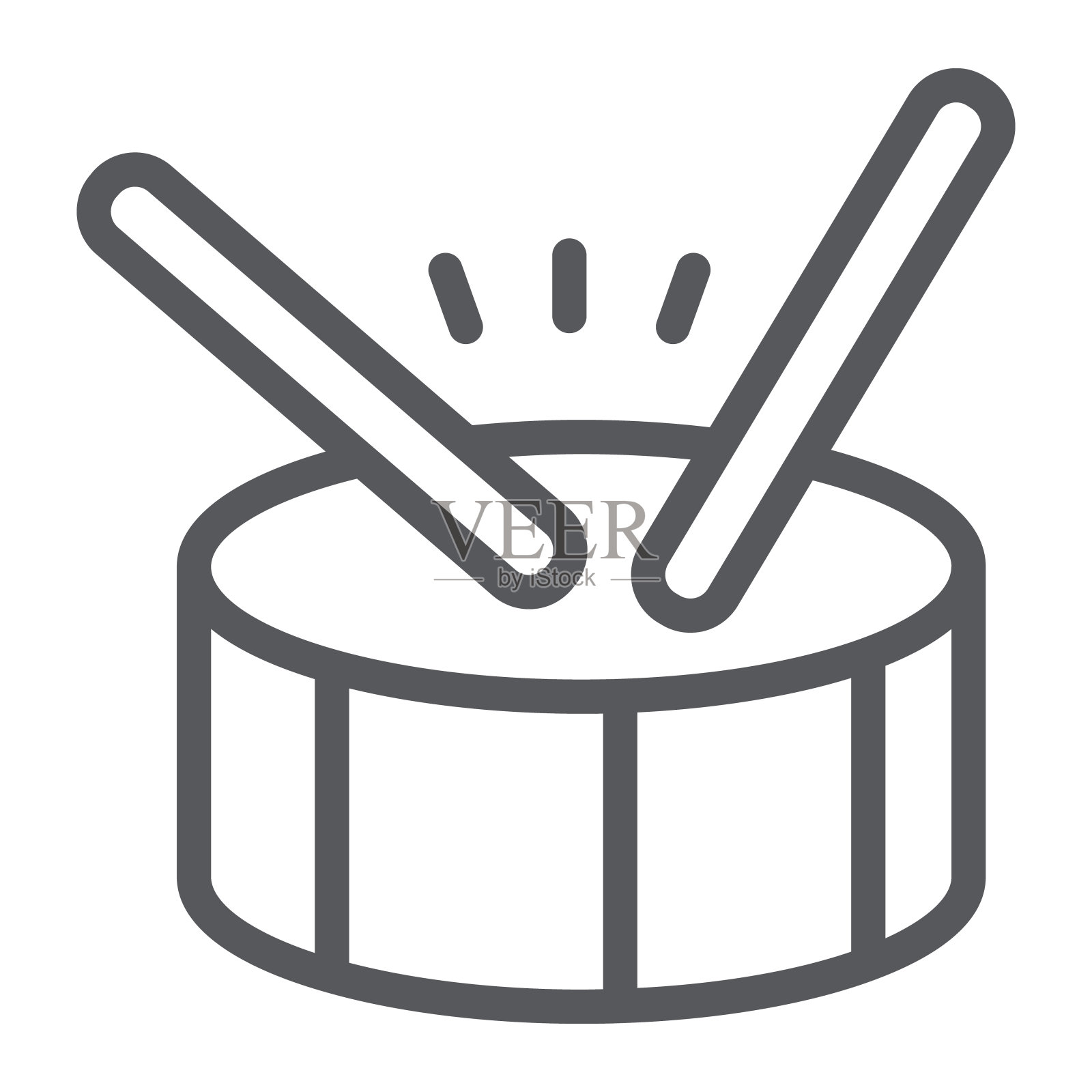 鼓线图标、音乐和节拍、打击乐符号、矢量图形、白色背景上的线性图案。插画图片素材