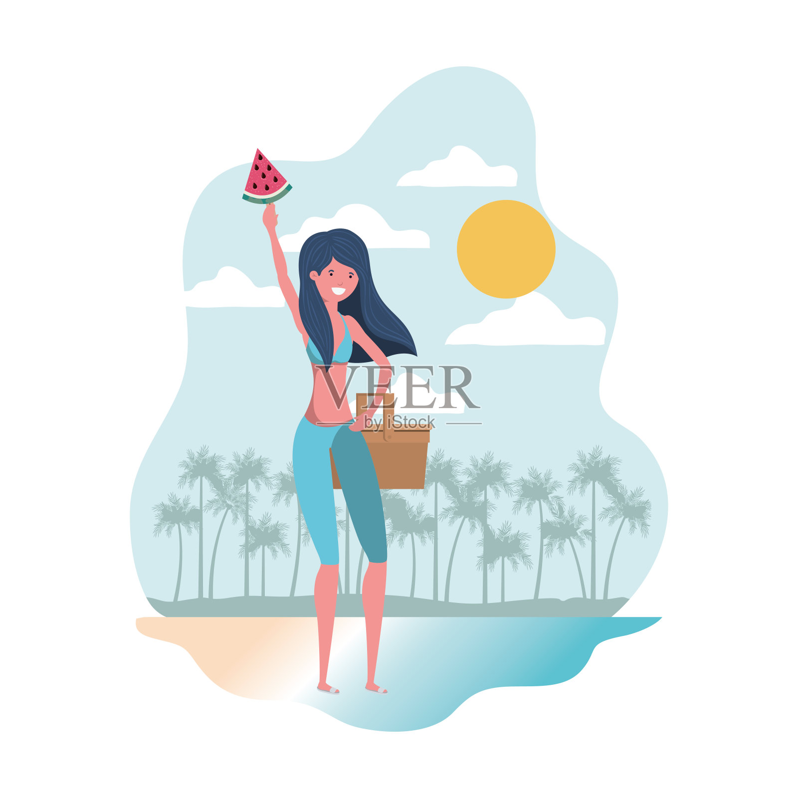 一个穿着泳衣，手里拿着西瓜的女人插画图片素材