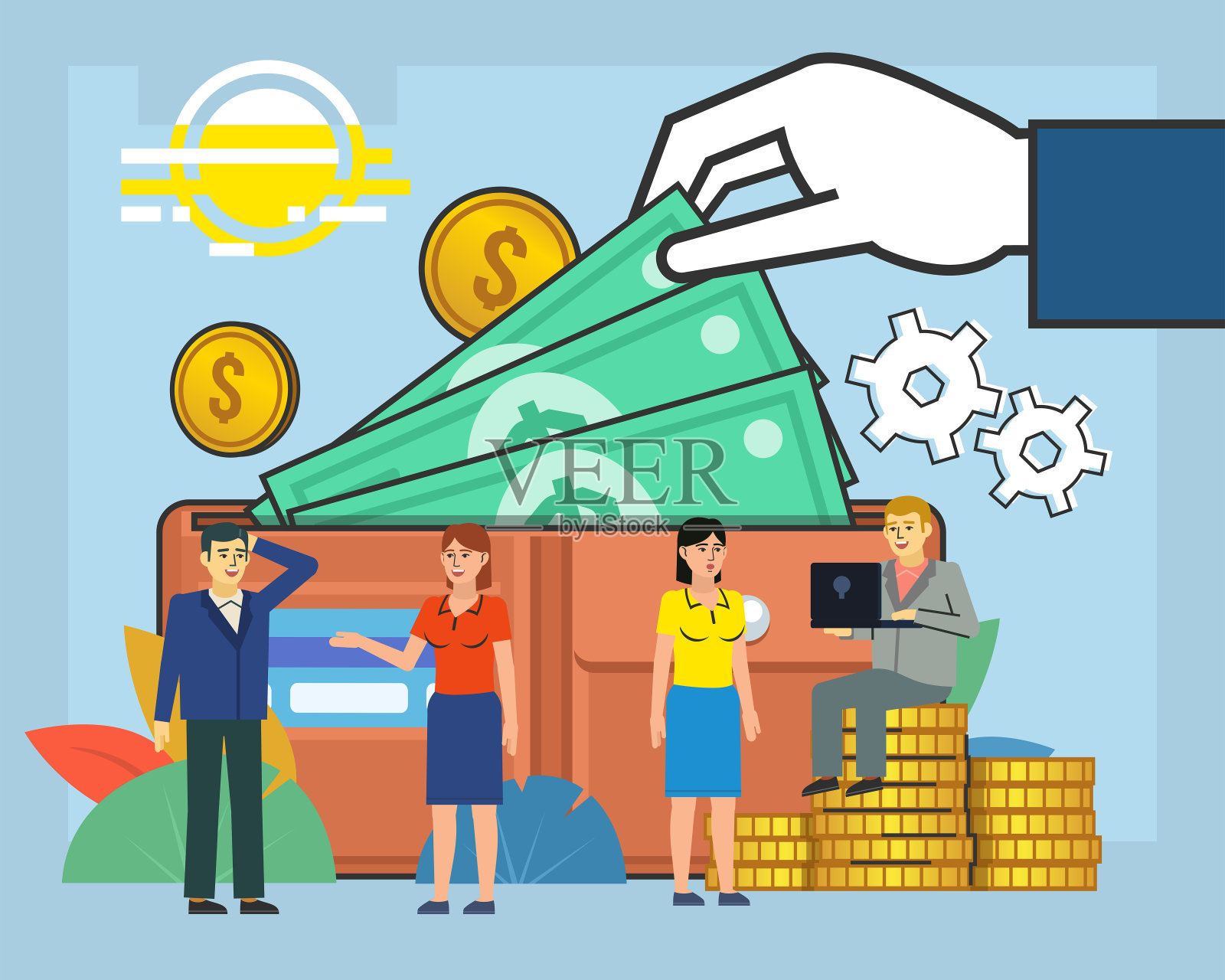 业务增长，储蓄。人们站在装有现金、信用卡的大钱包旁。海报的社交媒体，横幅，网页，演示插画图片素材