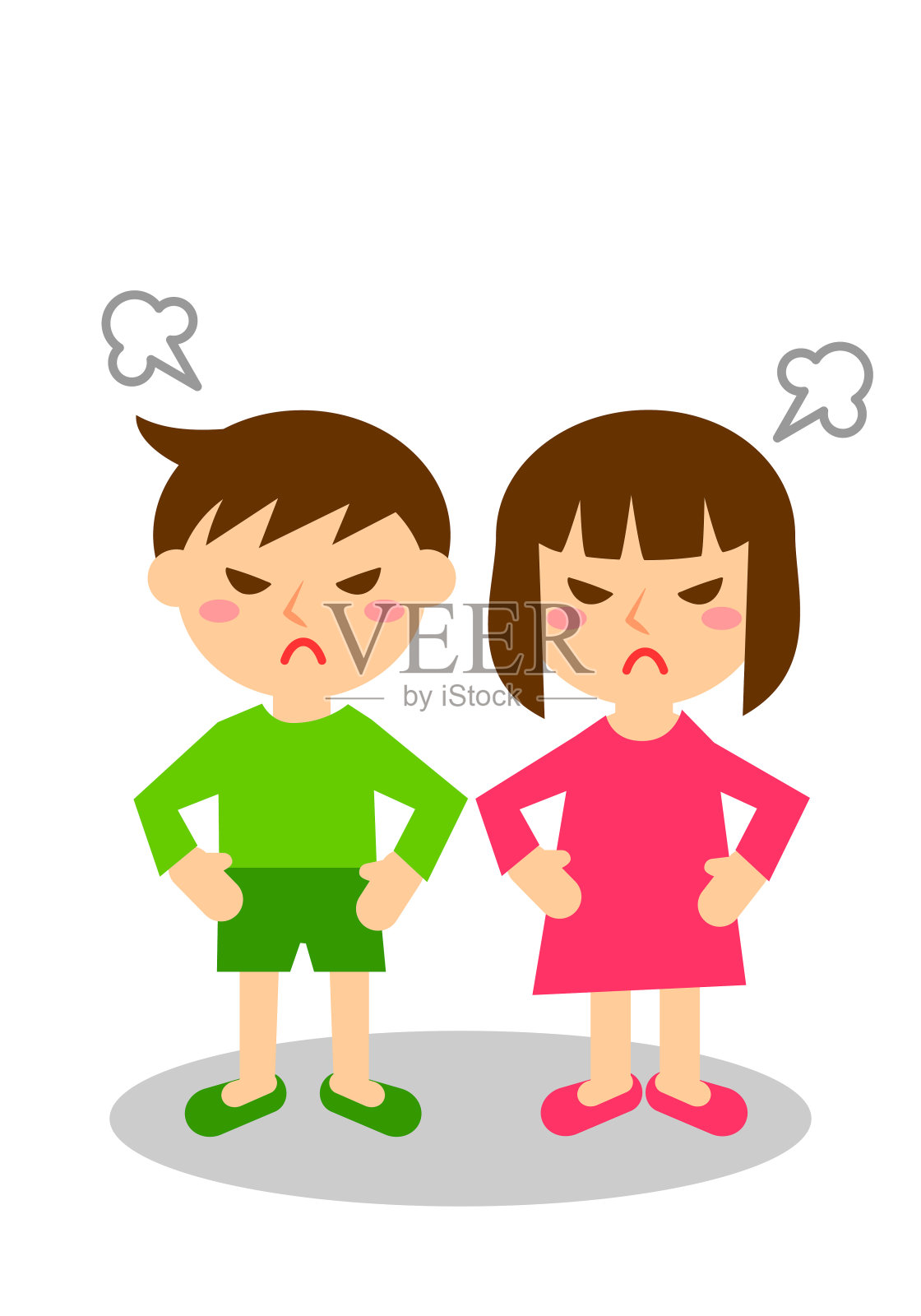 愤怒的面部表情。男孩和女孩的全身。矢量插图。插画图片素材