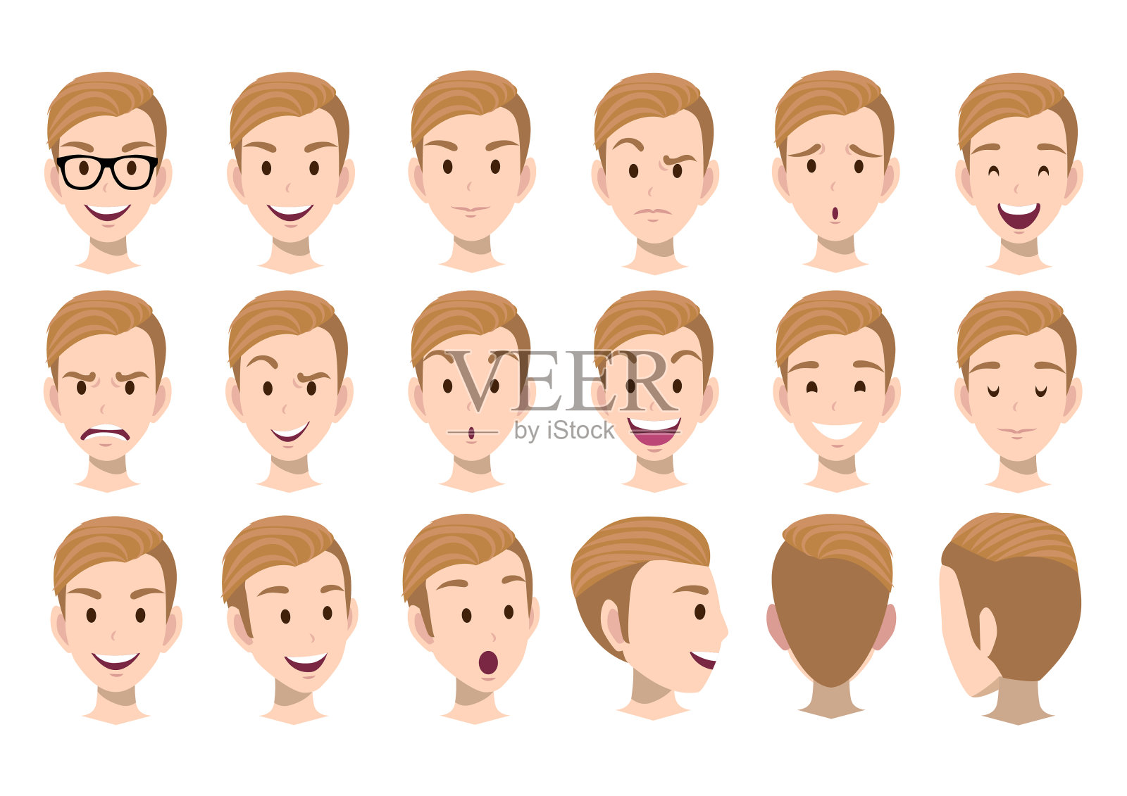 卡通人物与人头向量集。正面，侧面，背面视图。平面矢量插画图片素材