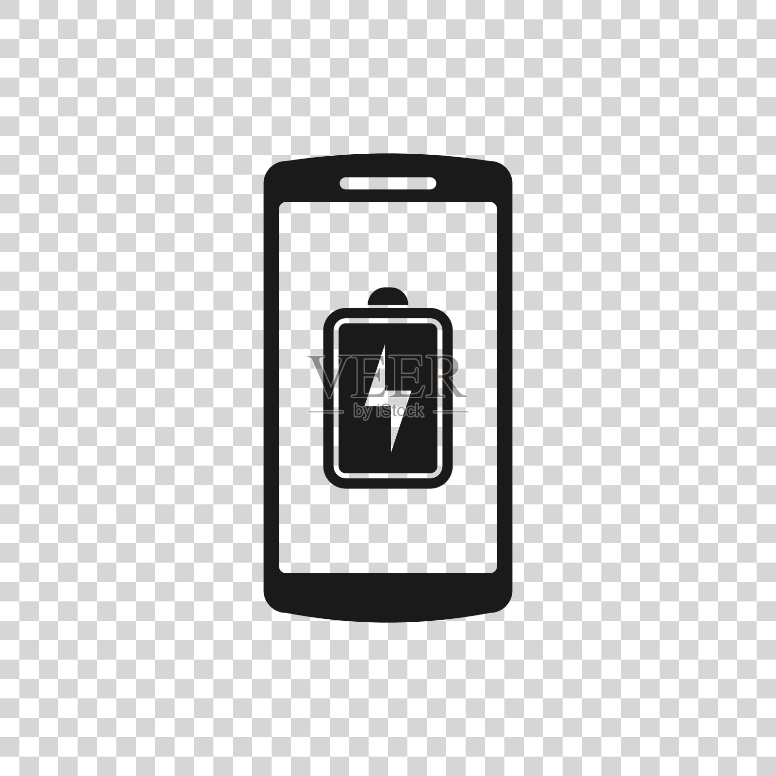灰色智能手机电池充电图标孤立在透明的背景。电量不足的手机。矢量图设计元素图片