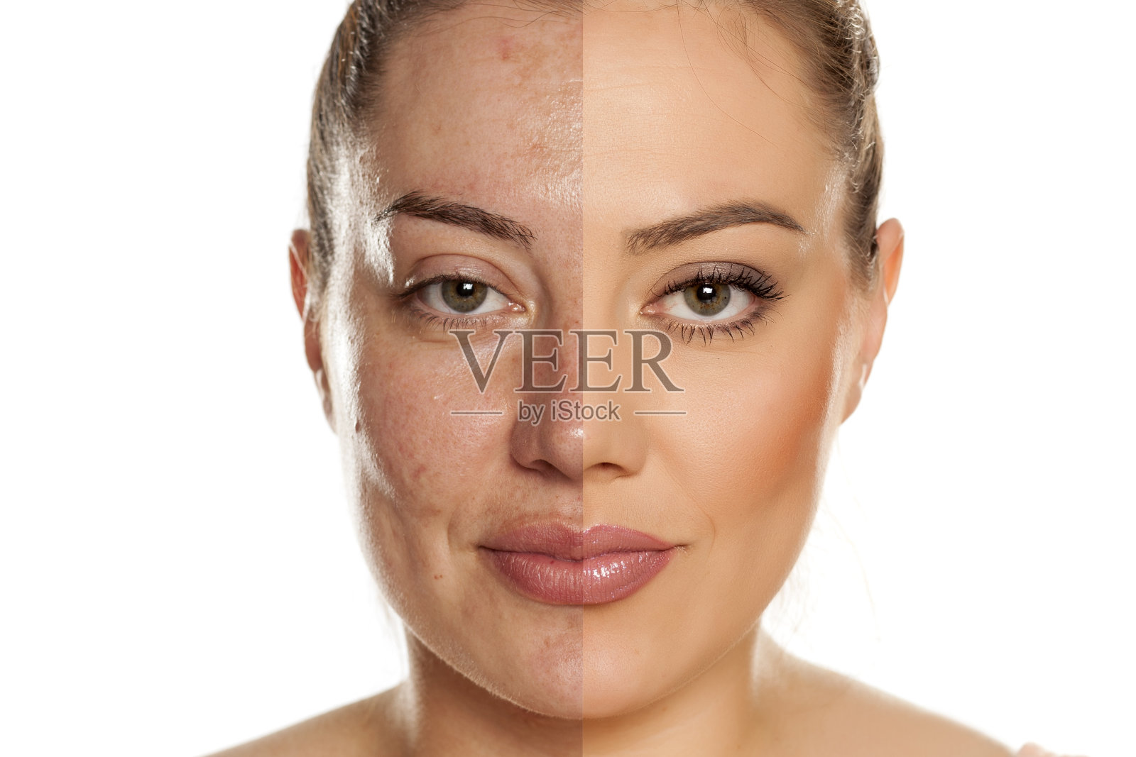 美丽的中年微笑女人没有化妆在白色的背景照片摄影图片