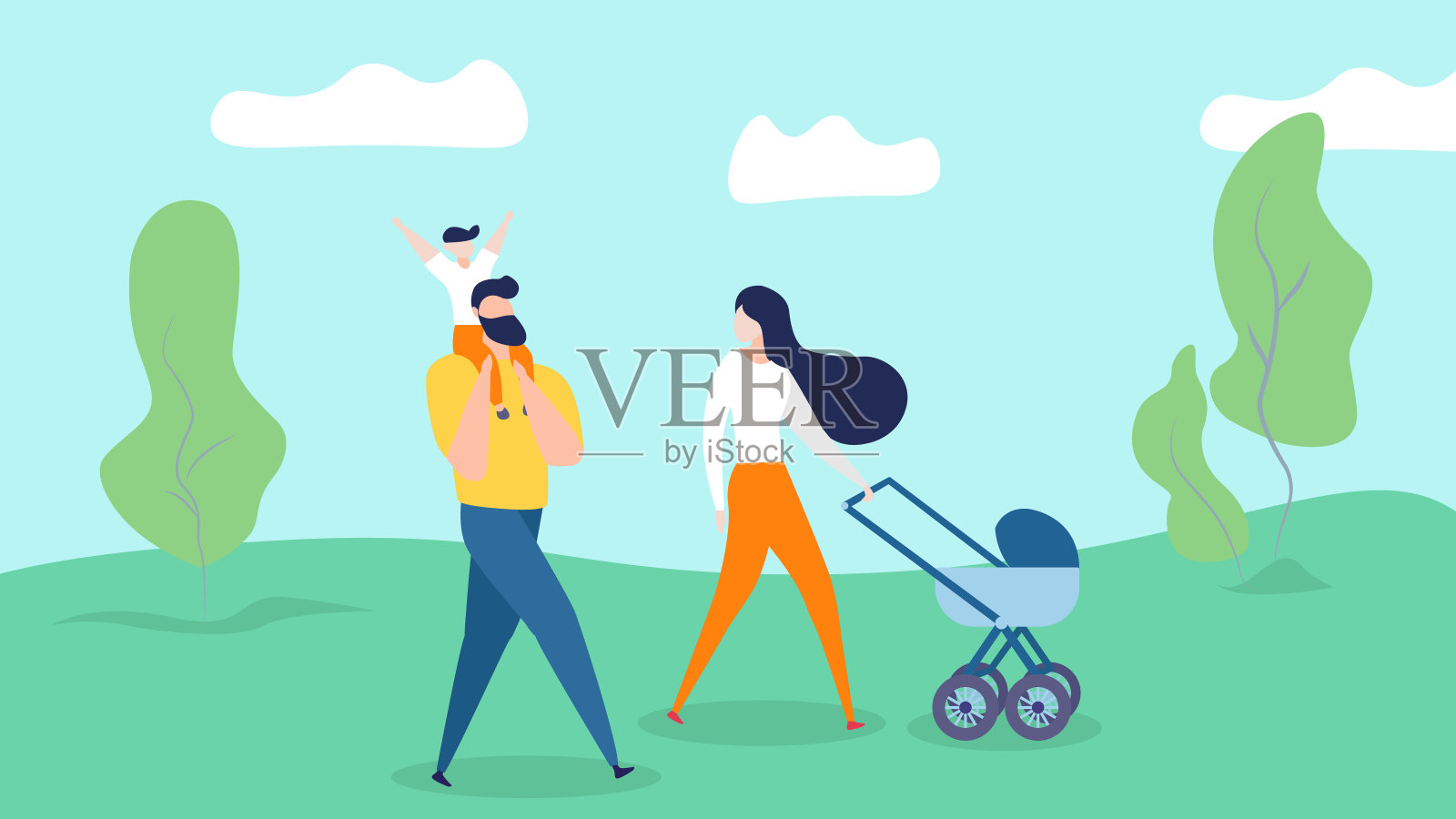 快乐的家庭漫步在夏天的自然背景。插画图片素材