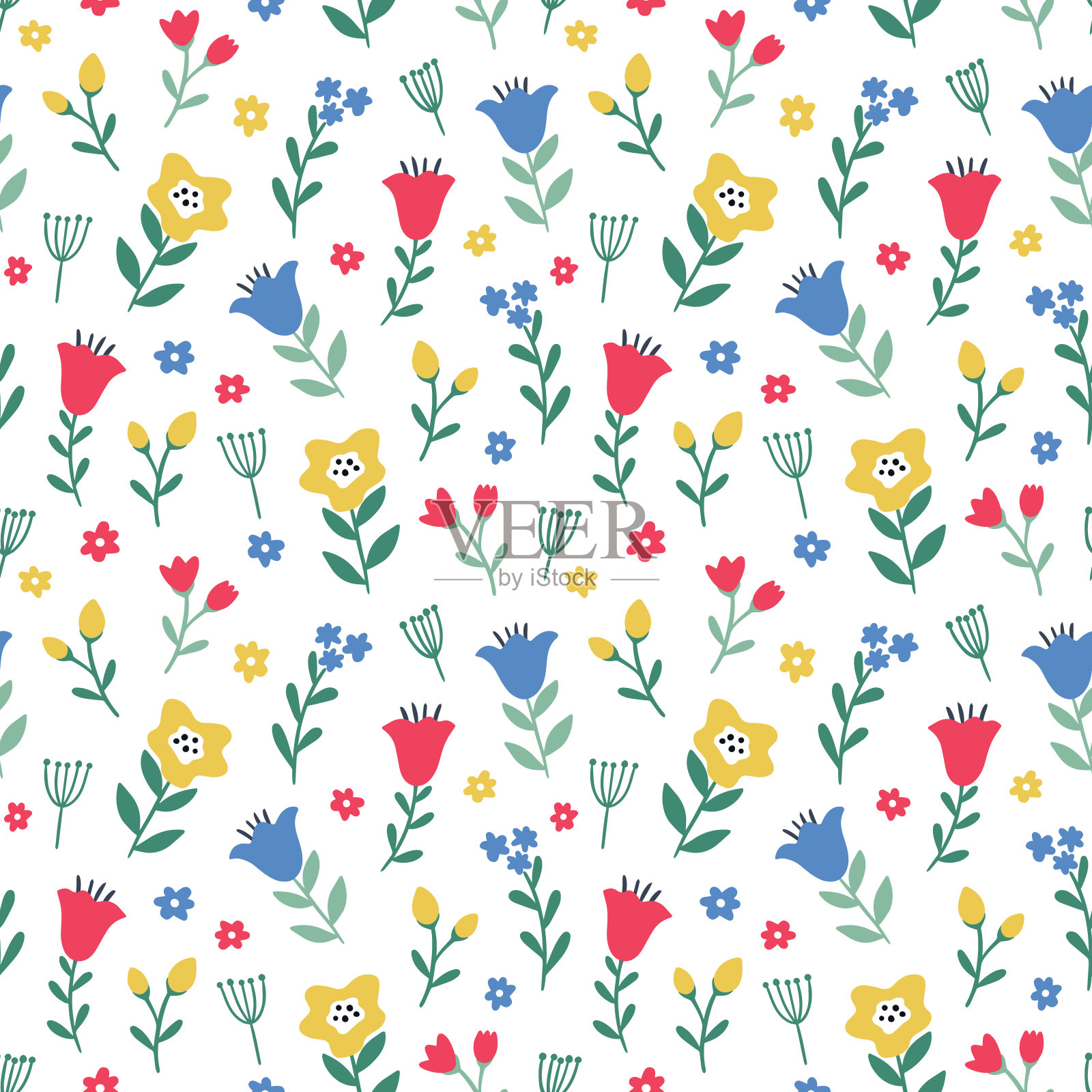 无缝彩色花卉图案与野花在白色背景。简单的斯堪的纳维亚风格。插画图片素材