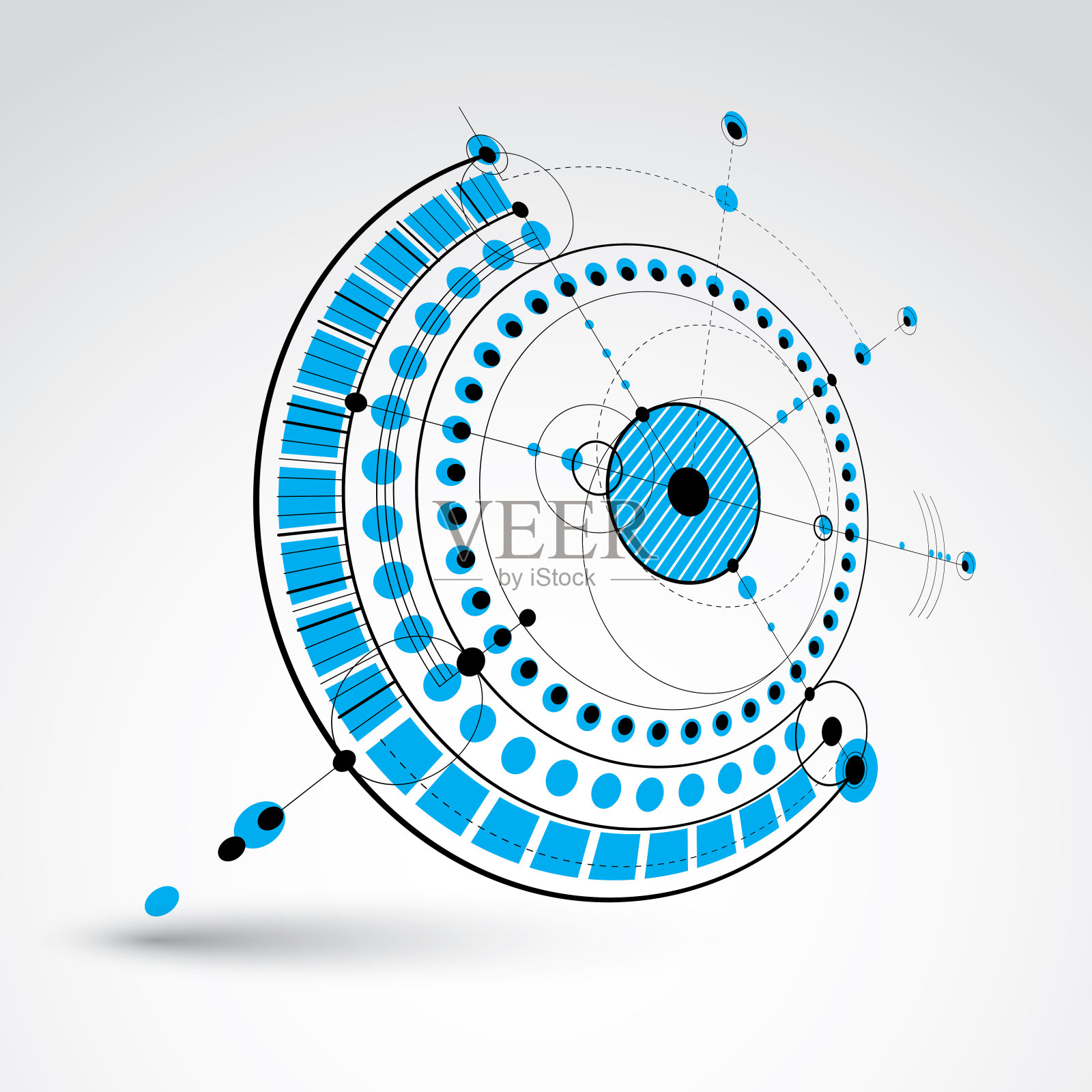 三维机械方案，矢量工程图与圆和几何部分的机构。技术方案可用于网页设计和壁纸。插画图片素材