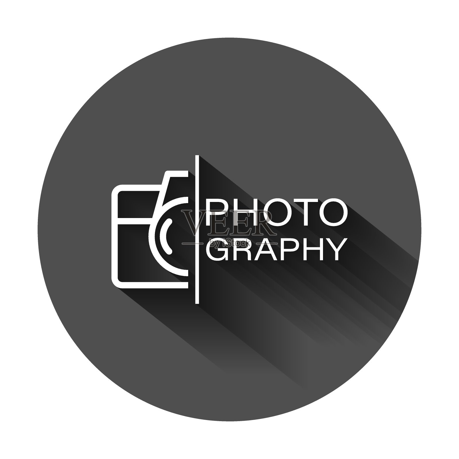 平面风格的相机设备标志图标。摄影矢量插图上的黑色圆形背景与长阴影。凸轮设备经营理念。图标素材