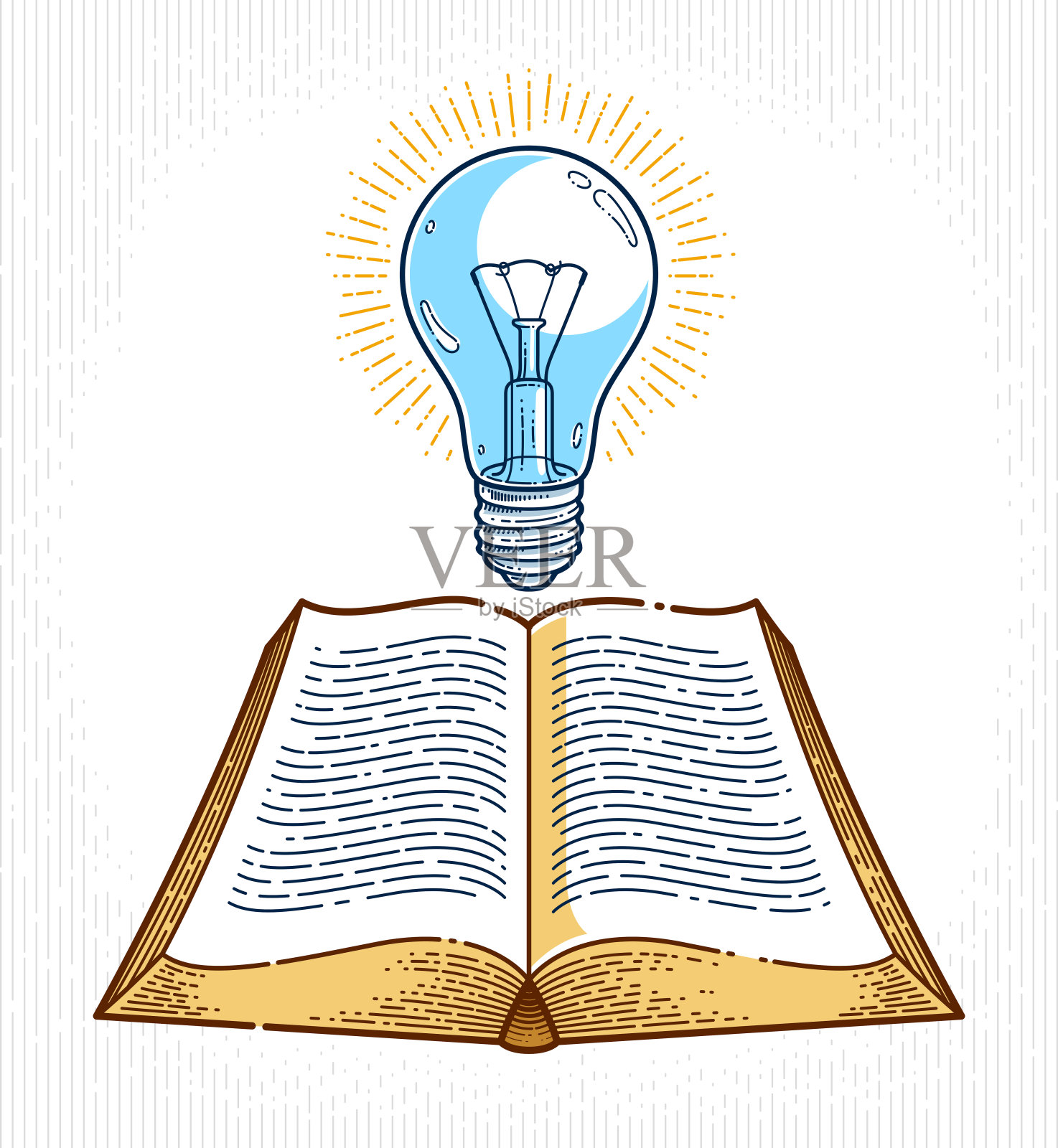 Vintage open book with idea灯泡矢量平面设计元素，科教文学概念，图标或标志流行的线性风格。插画图片素材