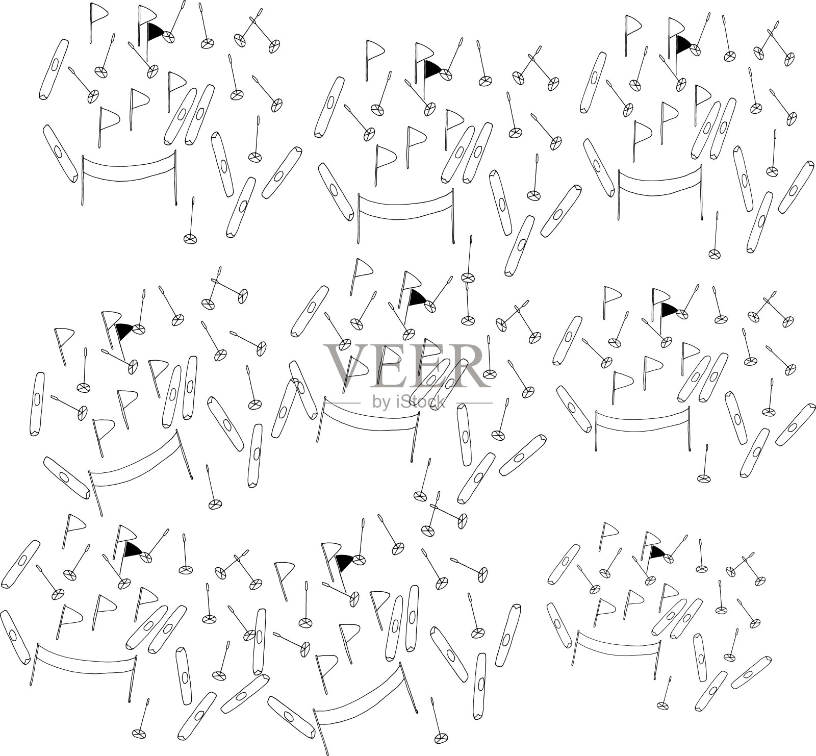 冬季运动的白色背景上的涂鸦图案。滑雪，雪和娱乐，户外旅游，素描插画图片素材