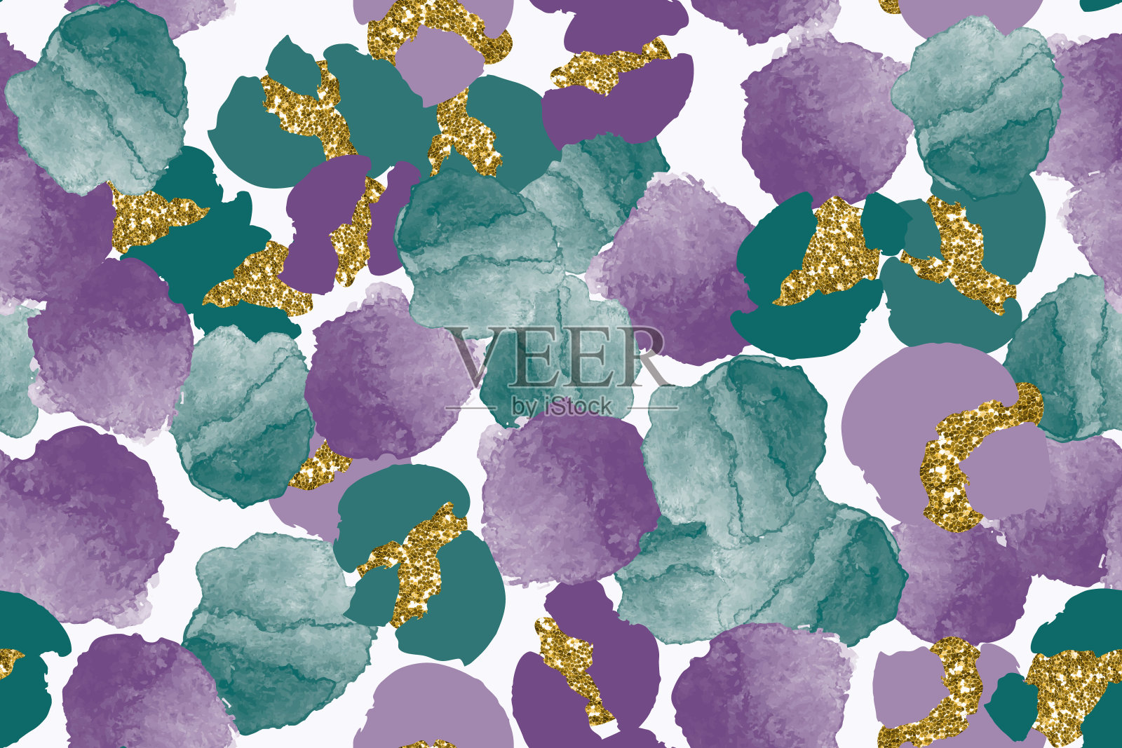 色彩、抽象、多样的无缝图案，以色彩丰富的水彩和金色的闪光形状做成矢量插画图片素材