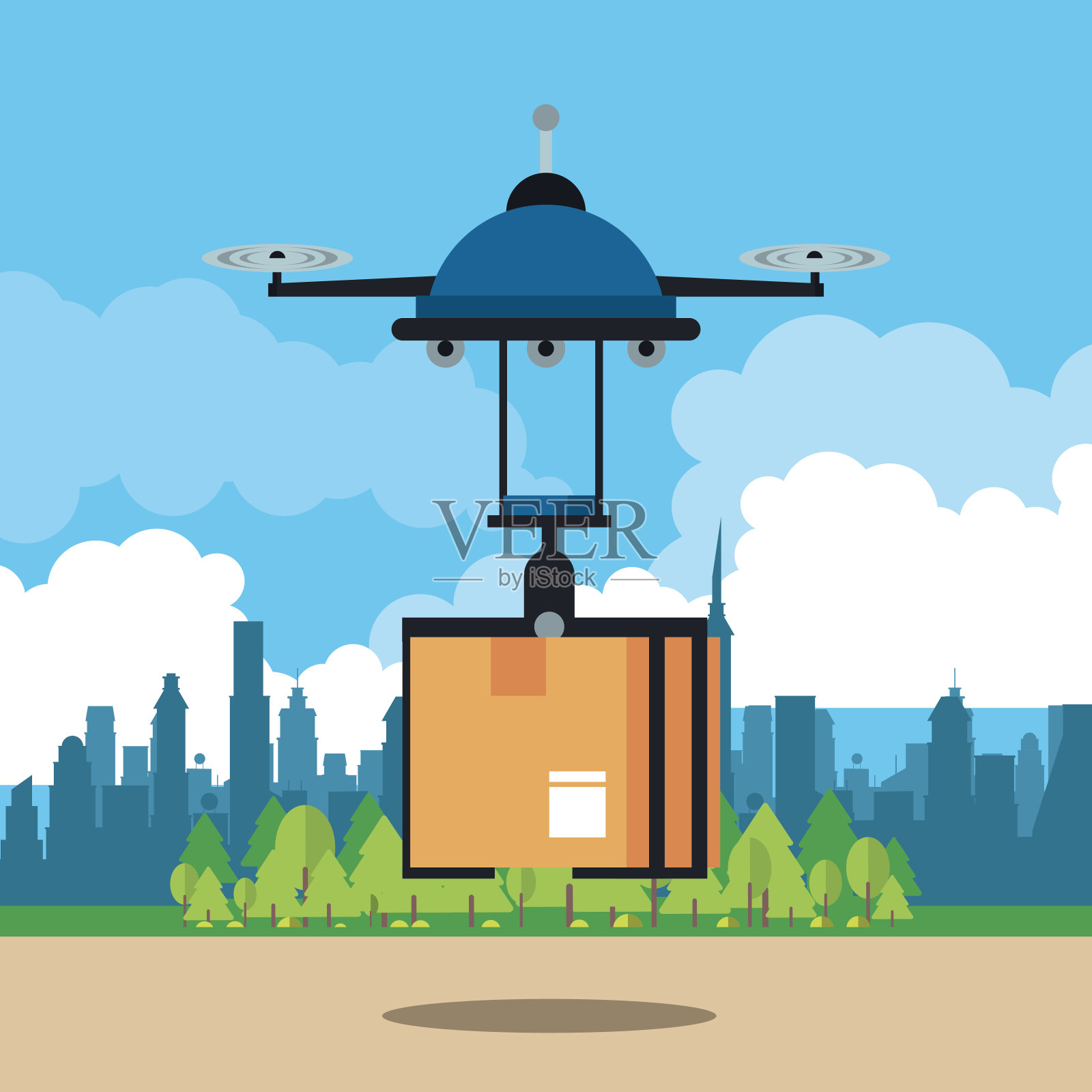 无人机在城市投递箱子插画图片素材