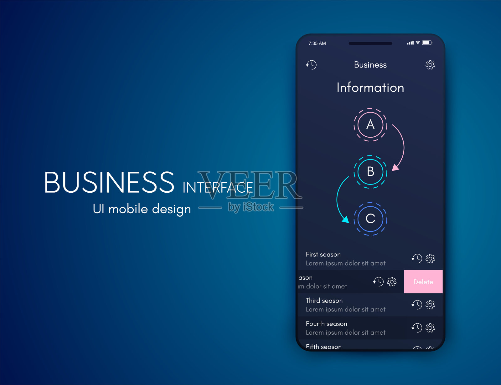 矢量图形移动信息图形有三个选项。模板创建移动应用程序，工作流布局，图表，横幅，网页设计，业务报告3个步骤插画图片素材