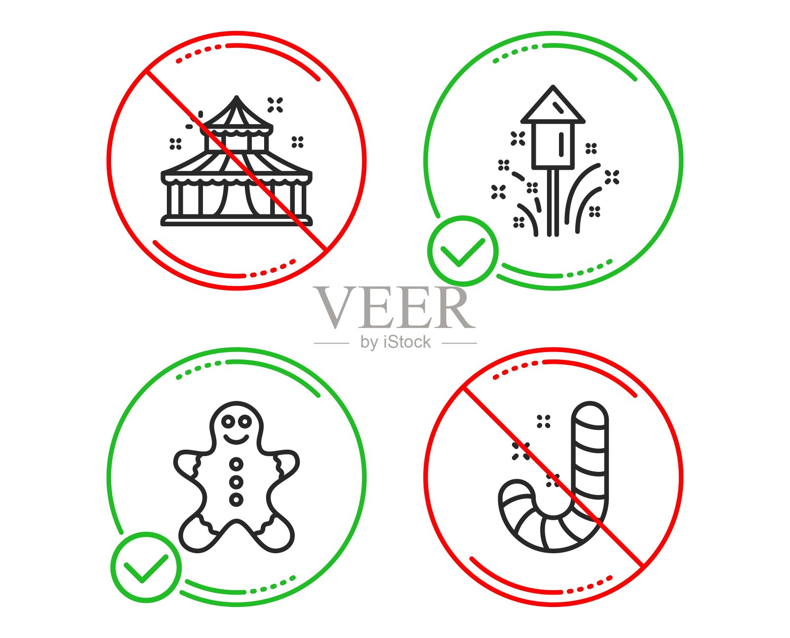 马戏团，姜饼人和烟花图标设置。糖果的迹象。向量图标素材