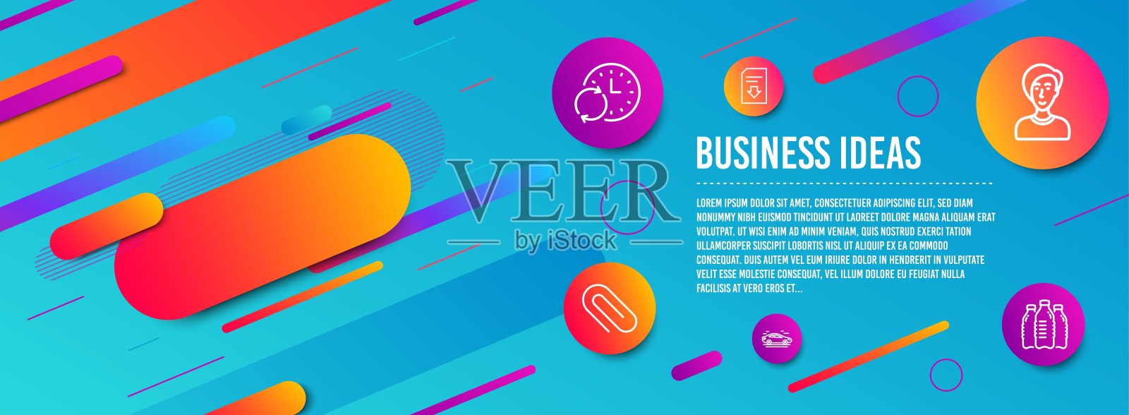 汽车，下载文件和女商人图标集。回形针，更新时间和水瓶标志。向量插画图片素材