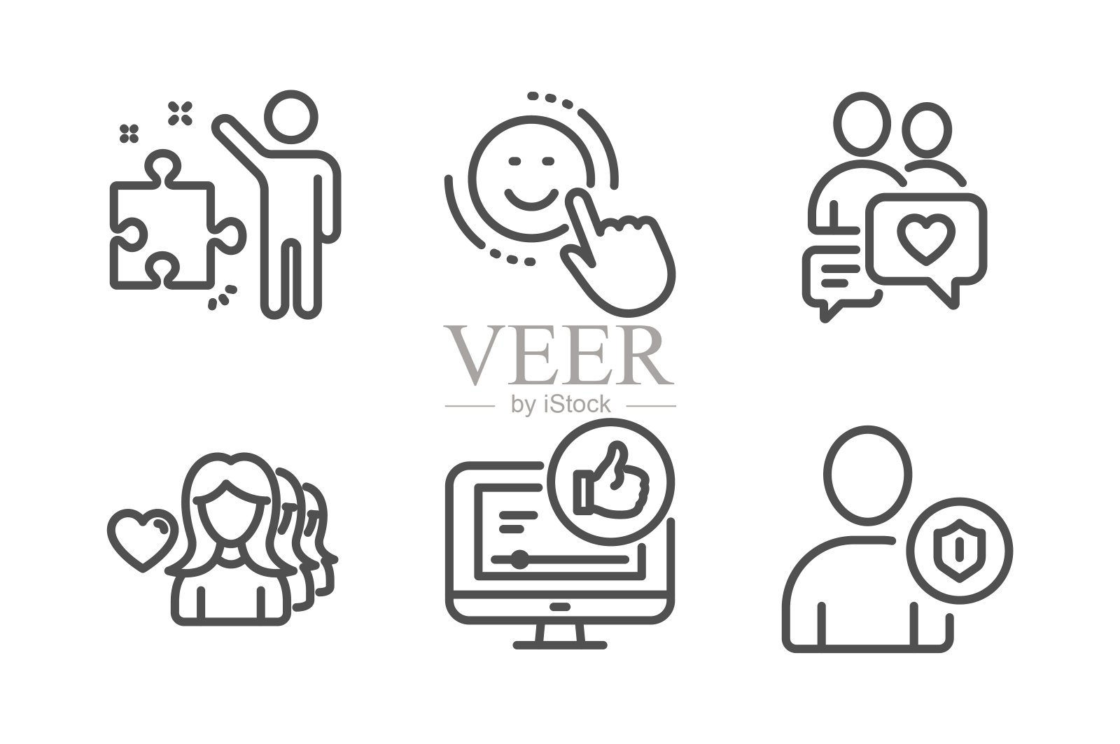 约会聊天，策略和女人爱的图标集。比如视频，微笑和安全标志。向量图标素材