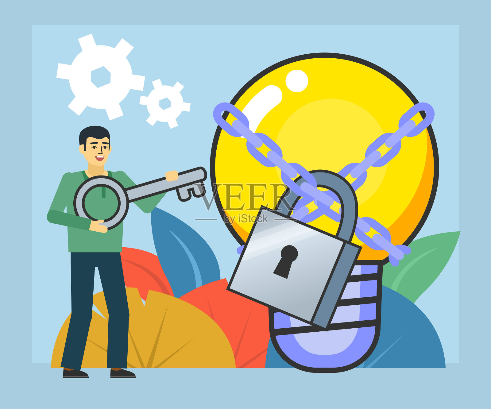 成功之钥，成功之道。创业。人掌握着打开思想的大钥匙。海报网页，社交媒体，横幅，演示插画图片素材