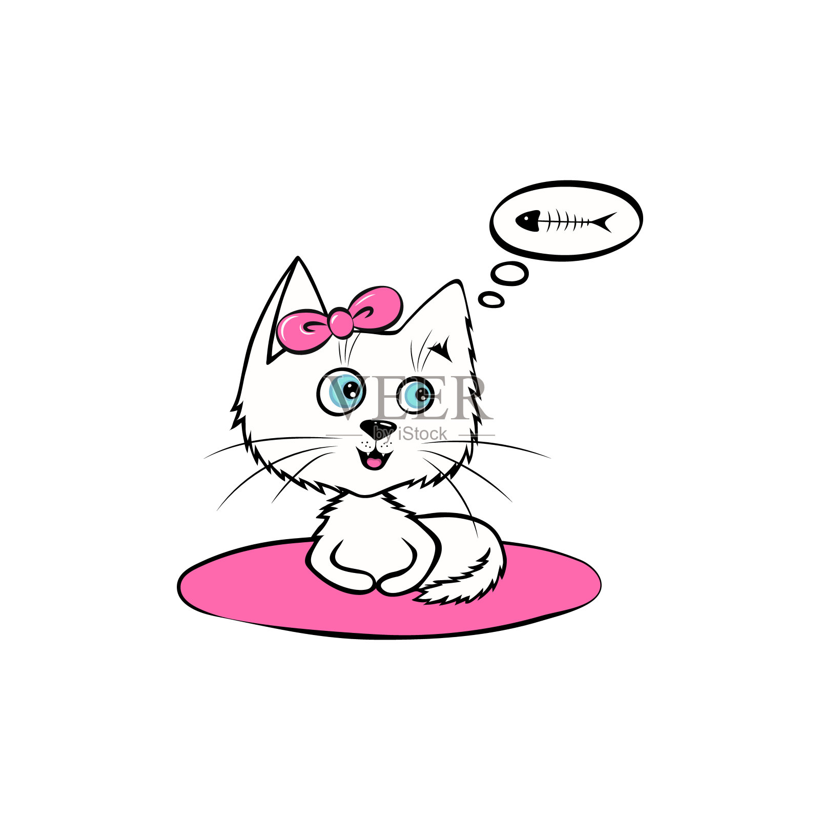 可爱的白猫躺在垫子上，梦想着鱼。矢量插图卡通风格设计元素图片