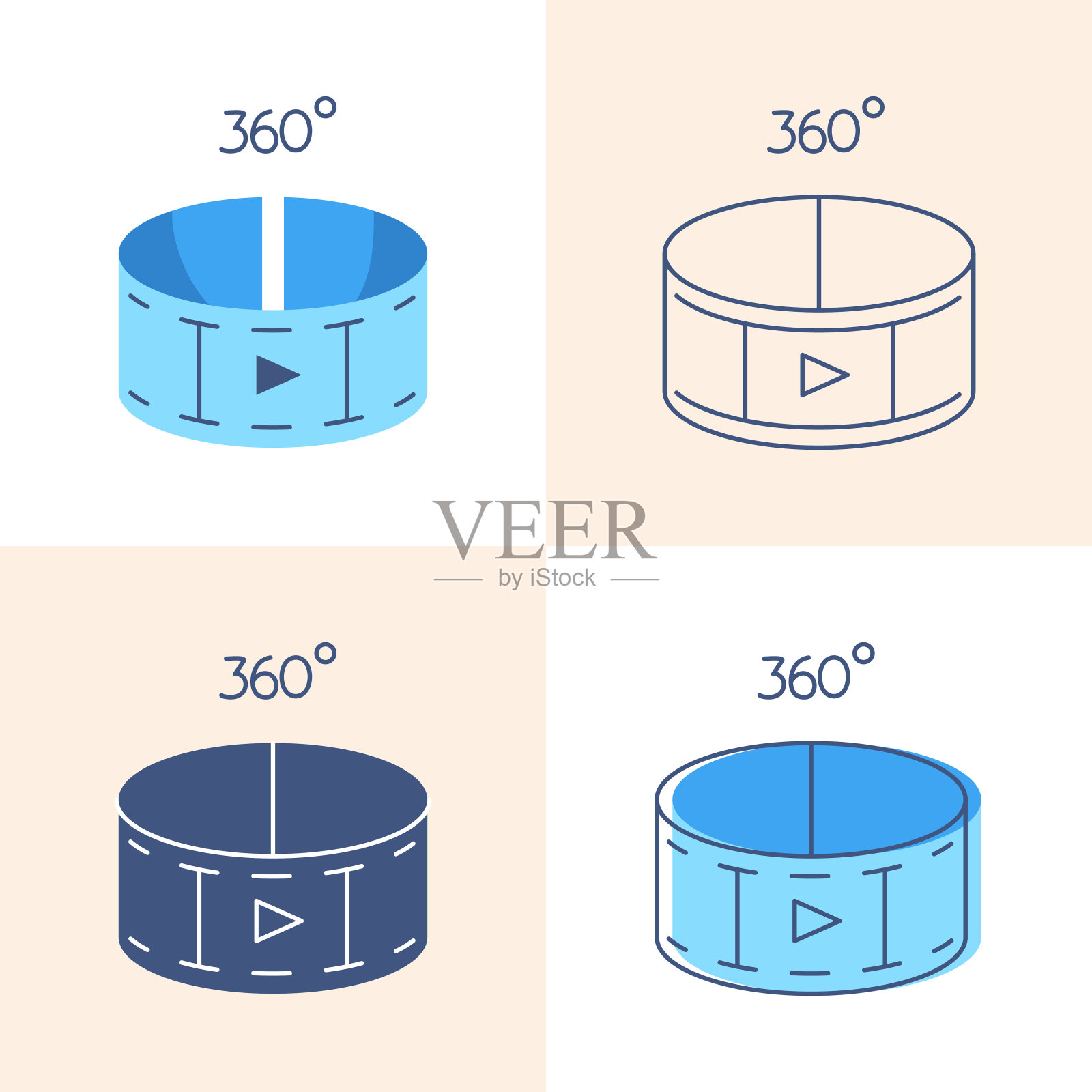 360度视频概念图标设置在平面和线条风格插画图片素材