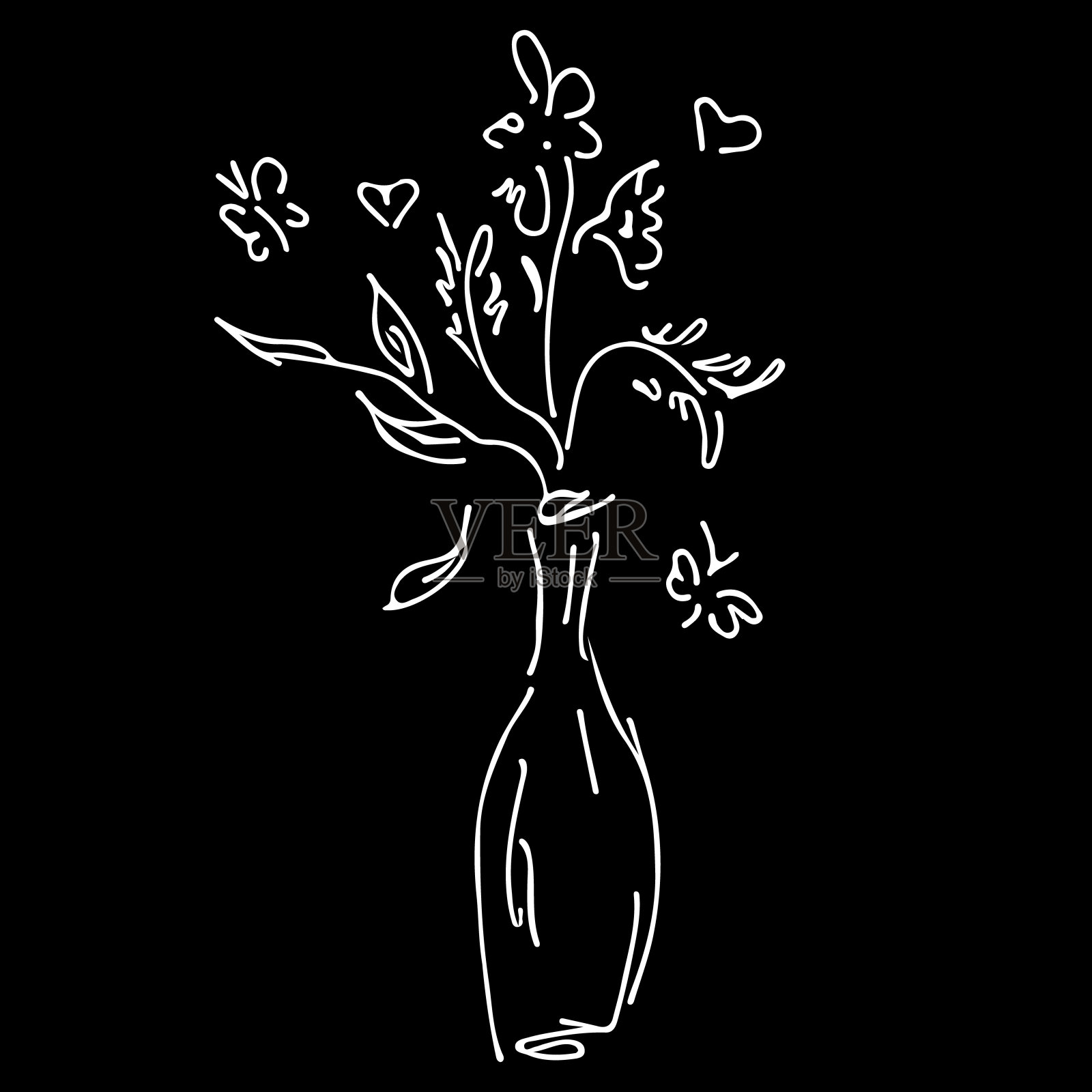 摘要:在黑色背景上孤立的野花花束。手绘矢量插图。轮廓图标插画图片素材