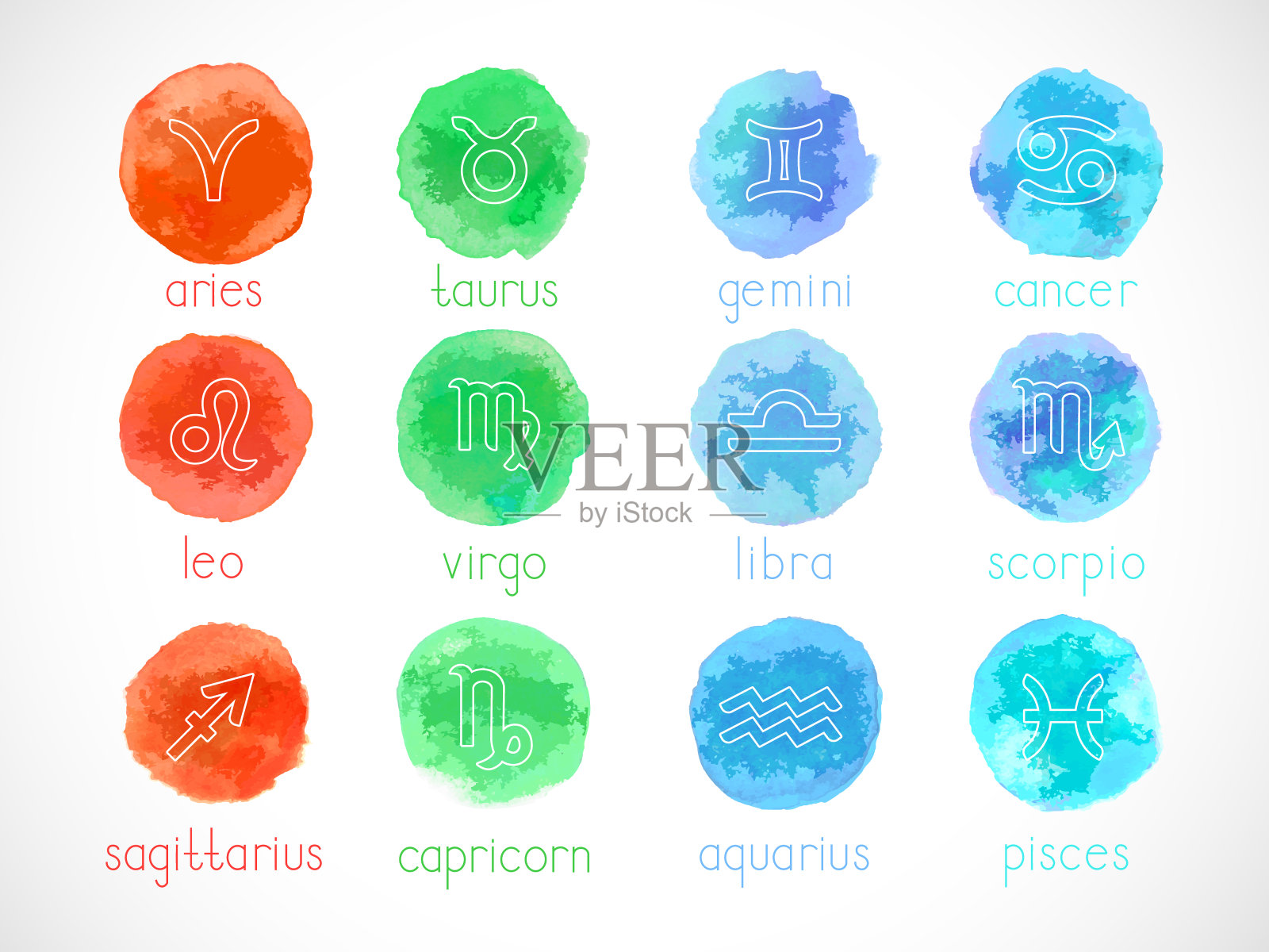 矢量集生肖符号与水彩元素。手绘。插画图片素材