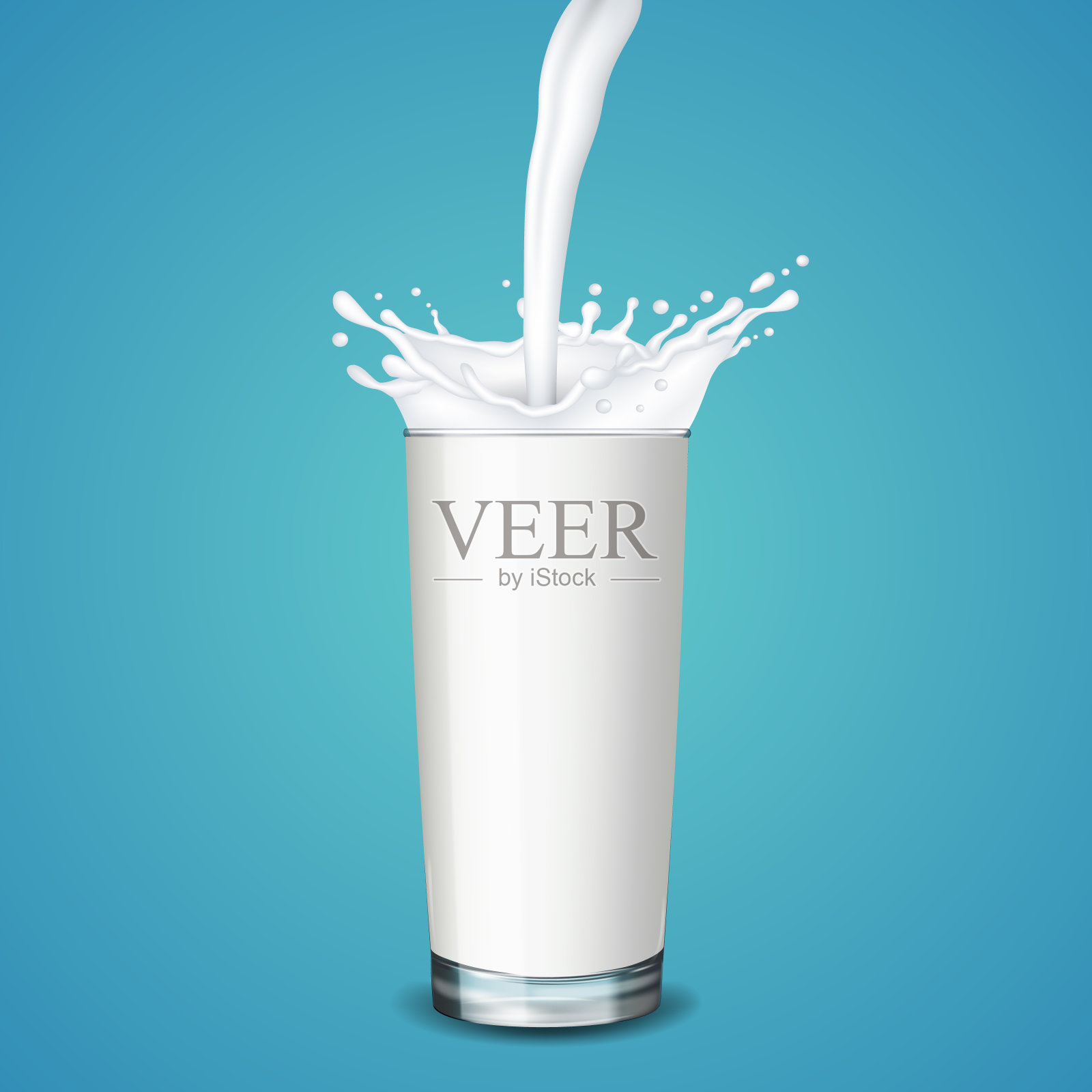 一杯牛奶与飞溅，孤立在蓝色背景。插画图片素材