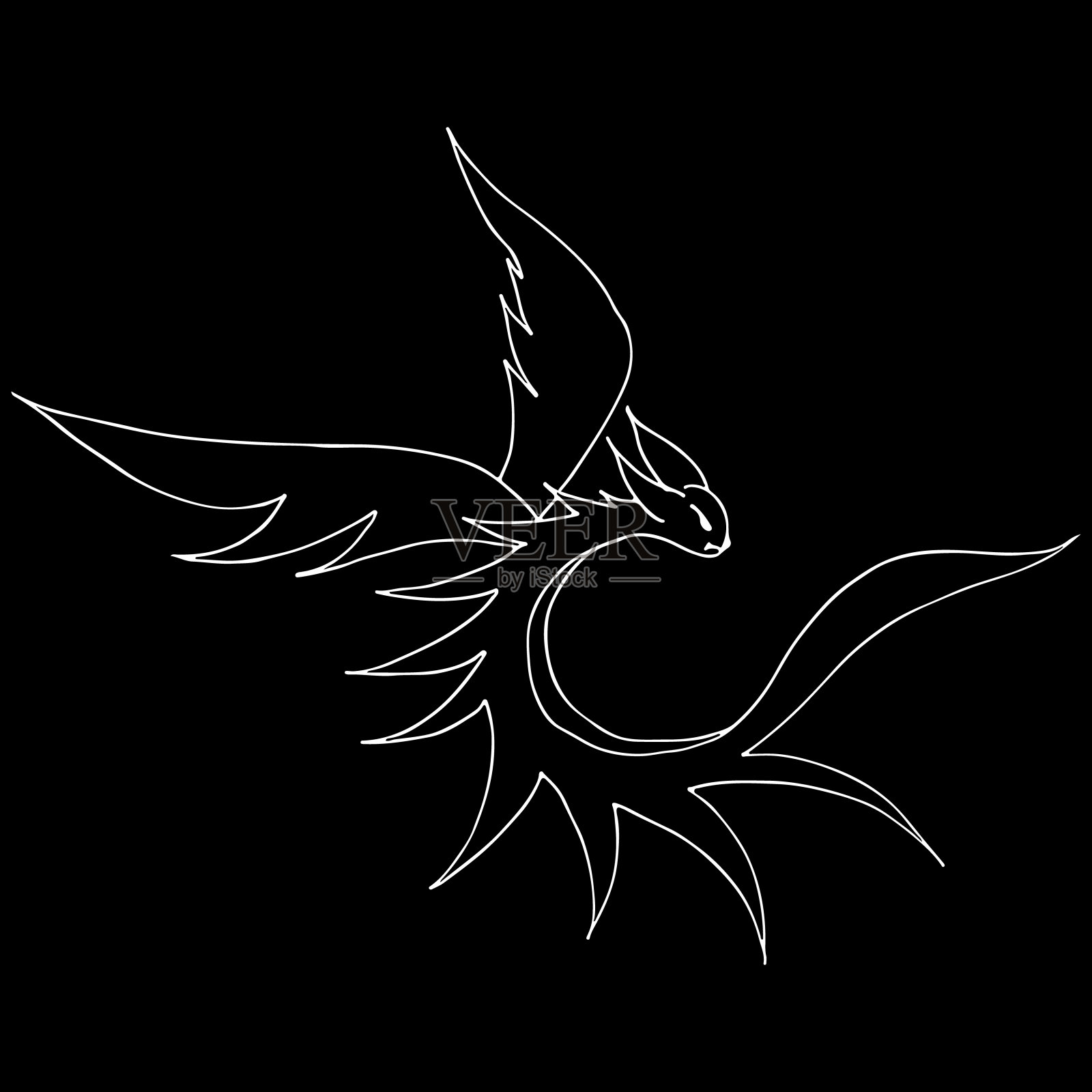 手绘矢量龙插图孤立的黑色背景。神奇的龙图标。徒手画的神话动物。幻想大纲说明插画图片素材