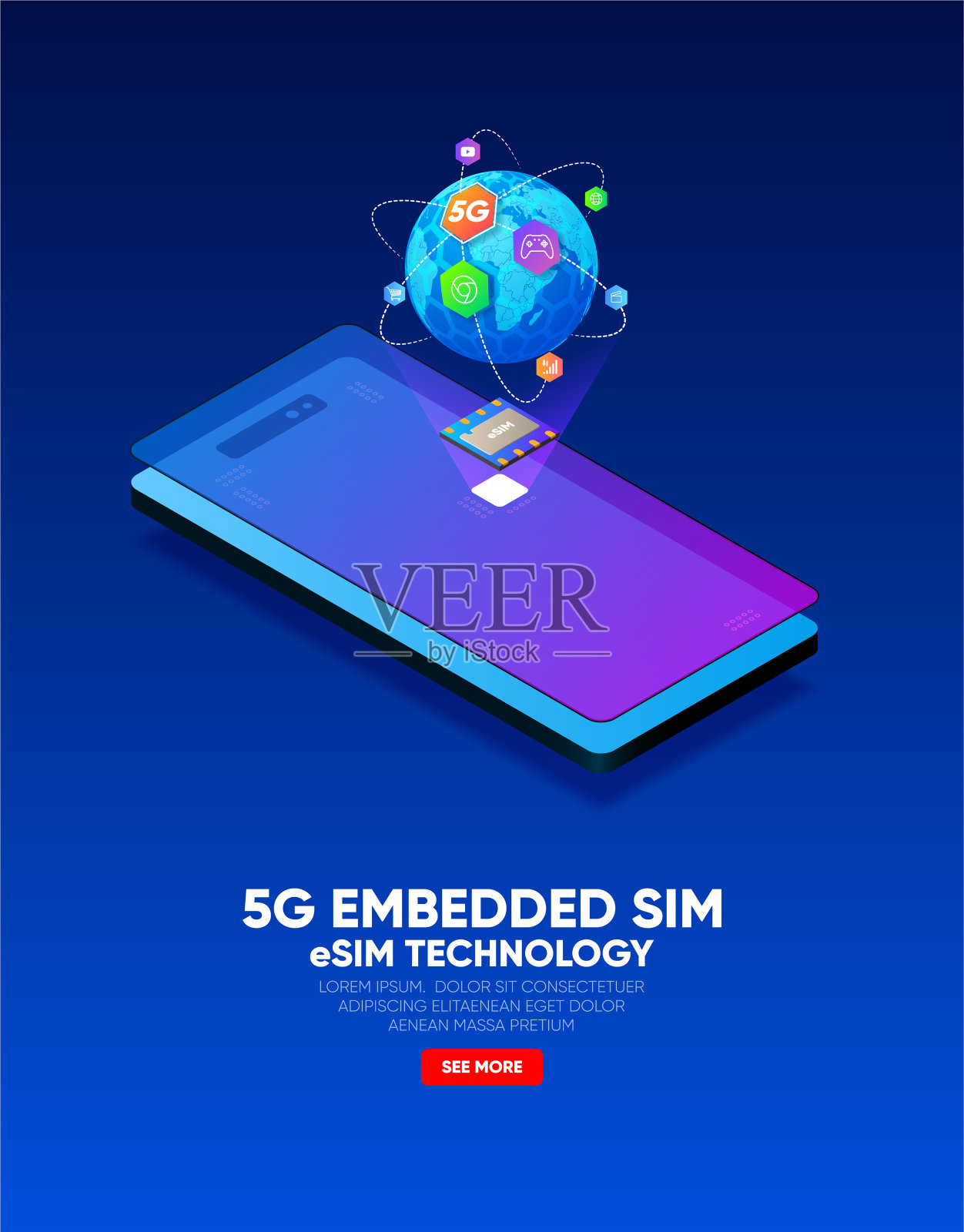 新型移动通信，eSIM卡芯片技术。嵌入式SIM的概念。5 g矢量图设计模板素材