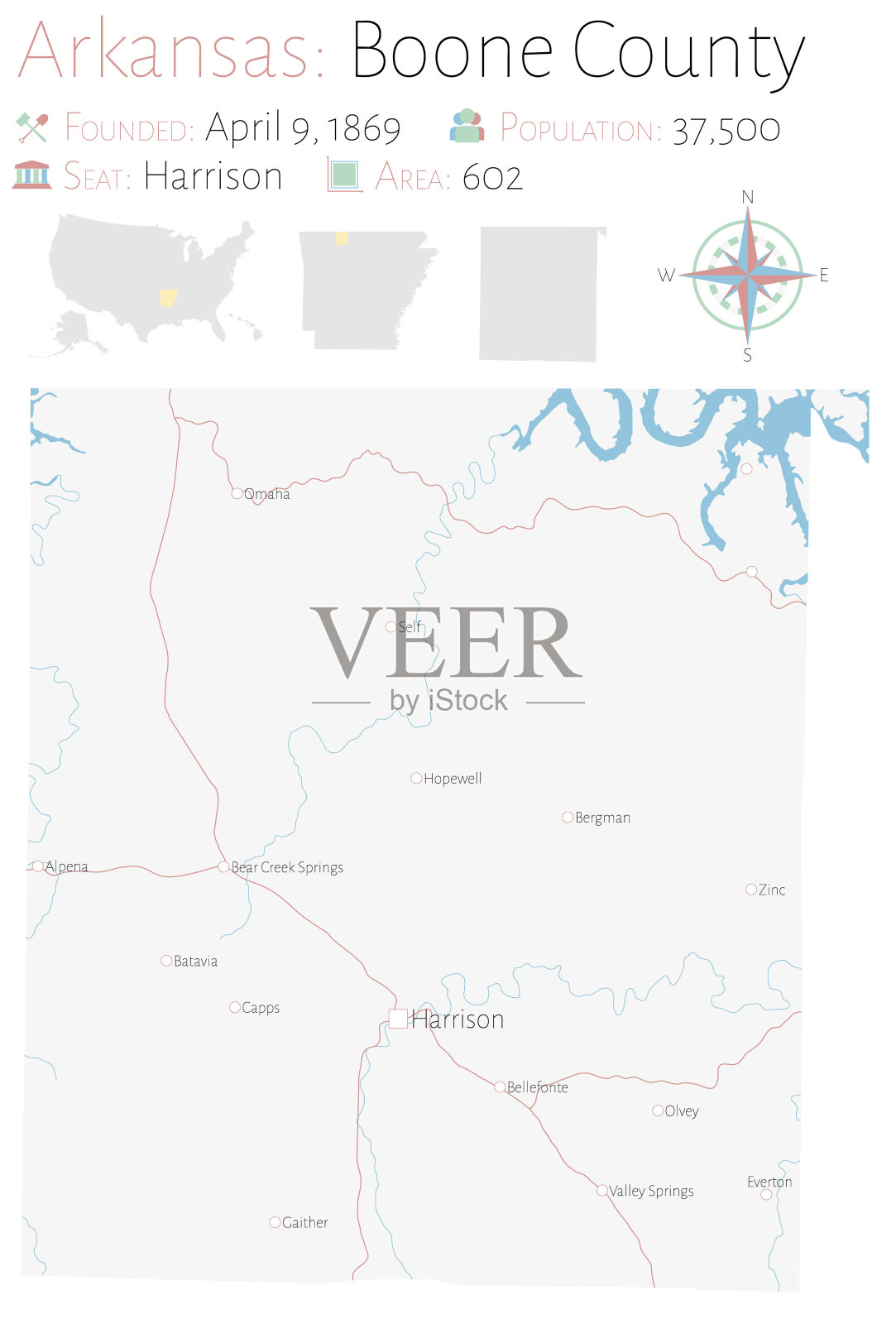 阿肯色州布恩县地图插画图片素材