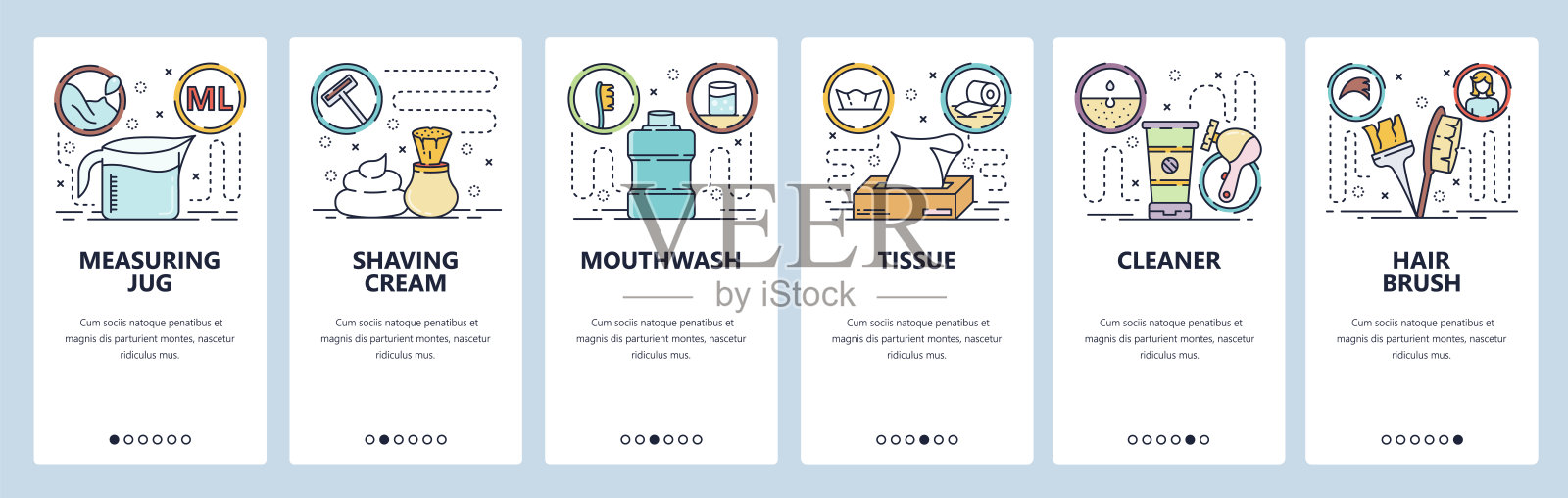 移动应用的登陆屏幕。美容院配件，剃须膏，清洁剂，梳子。菜单矢量横幅模板的网站和移动开发。网站设计平面插图设计模板素材