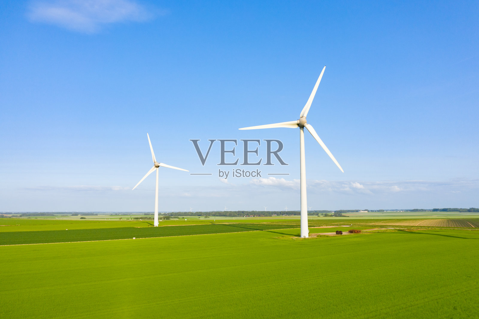 在亚麻领域，两个风力涡轮机在前景和许多其他的在背景中照片摄影图片