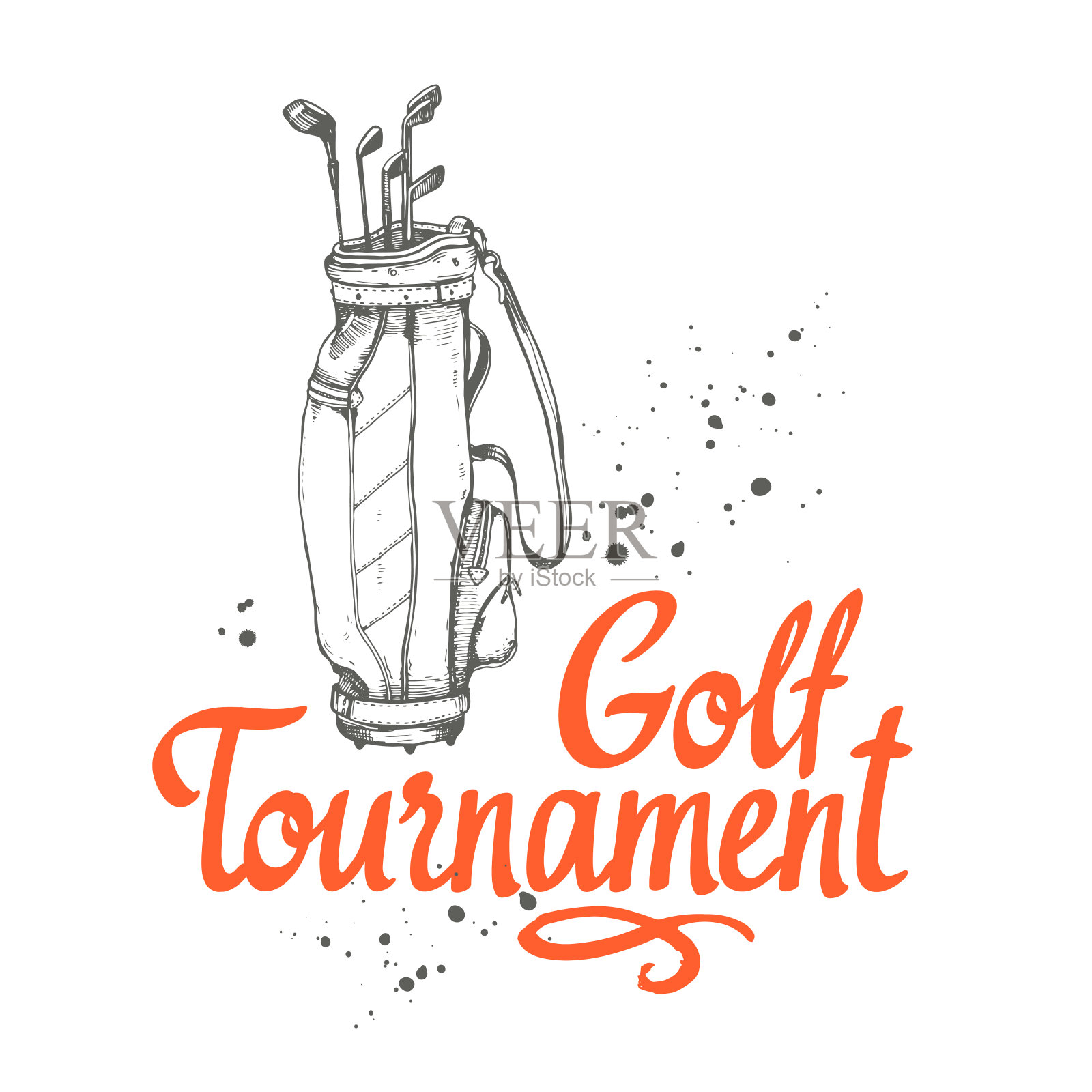 高尔夫球袋。矢量组的手绘运动装备。插图在素描风格的白色背景。为您的设计刷书法元素。手写墨水字体。比赛。插画图片素材
