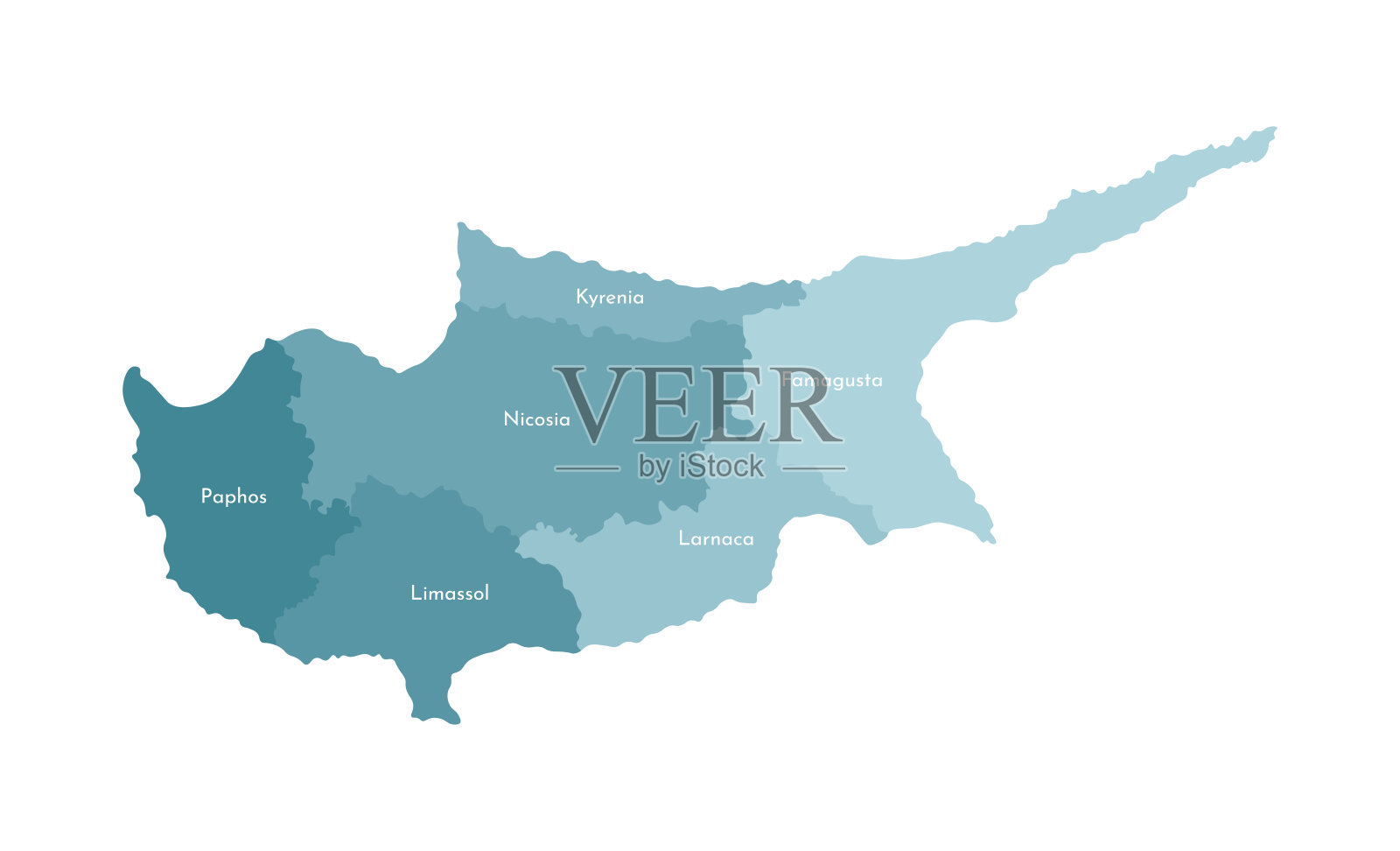 塞浦路斯简化行政地图矢量孤立插图。地区(地区)的边界和名称。五颜六色的蓝色卡其色轮廓插画图片素材