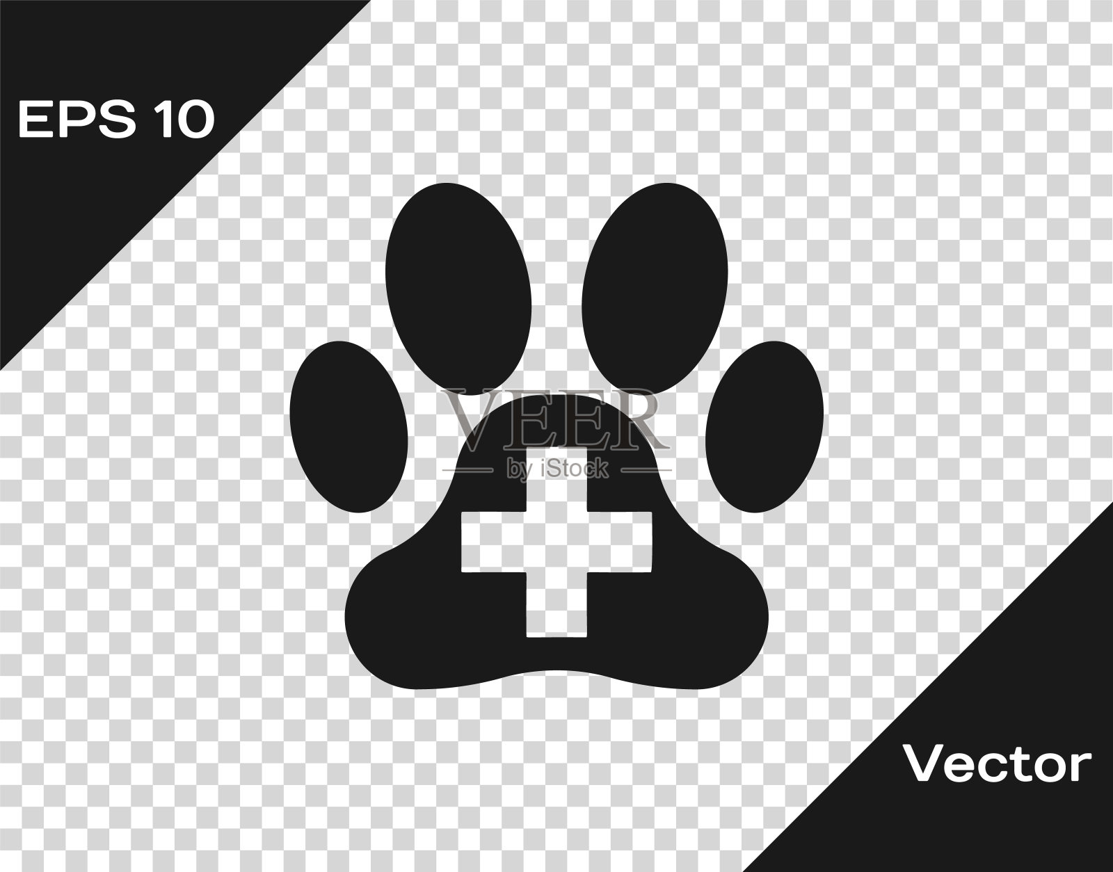 灰色兽医诊所符号图标孤立在透明的背景。十字医院的迹象。一个程式化的爪印狗或猫。宠物急救标志。矢量图插画图片素材