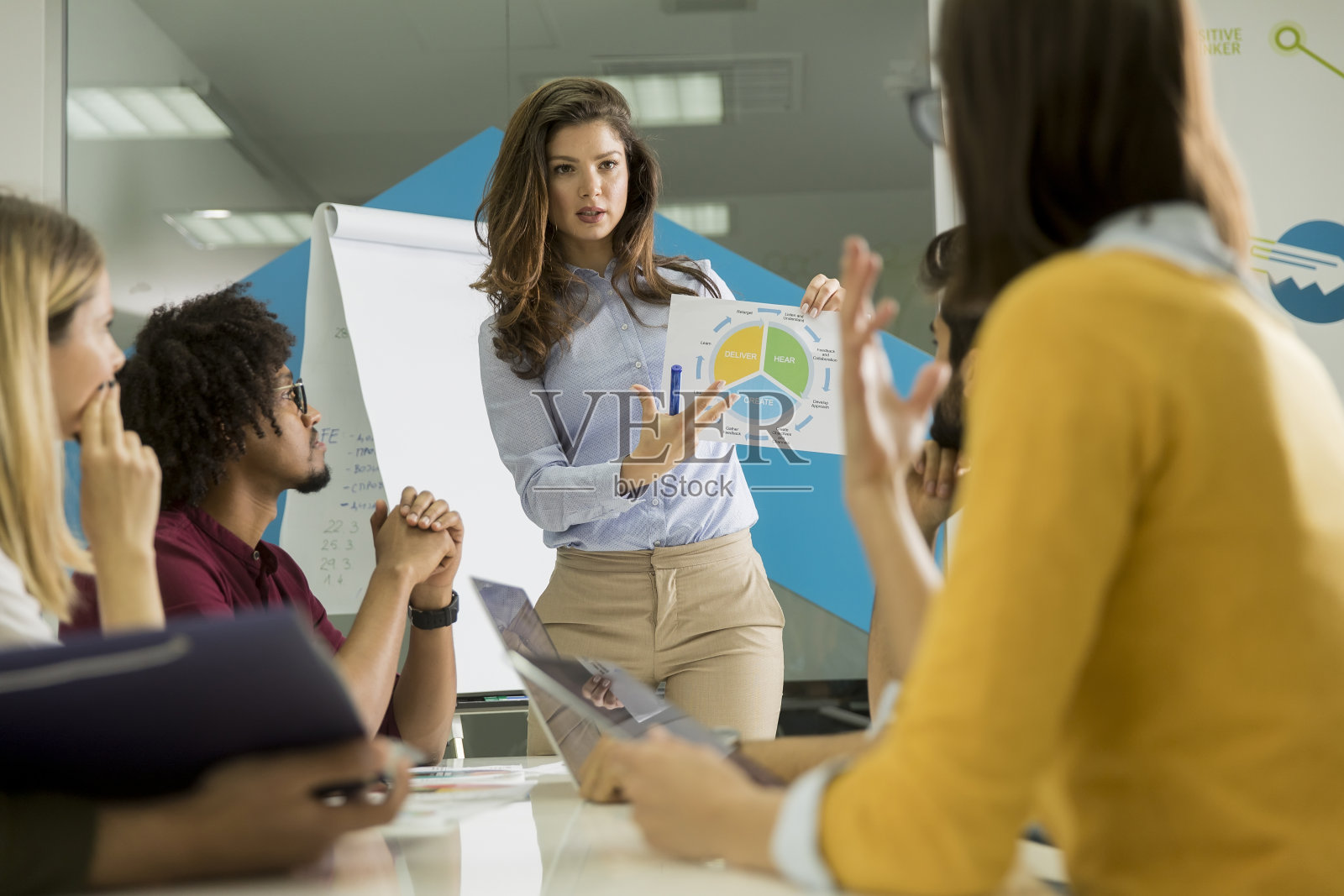 在一家小型初创公司，年轻员工用纸质图表交谈照片摄影图片