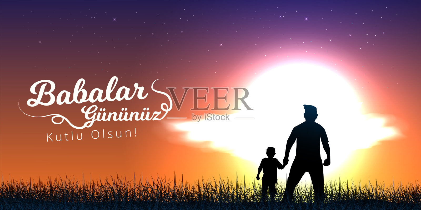父子俩手牵着手一起看日落。土耳其节日“Babalar Gunu Kutlu Olsun”翻译过来就是“父亲节快乐”的书法贺卡。矢量插图。插画图片素材