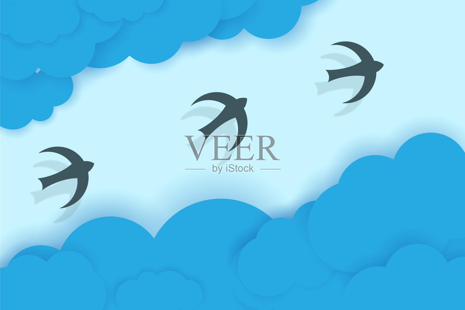 三只鸟在白云间飞翔。插画图片素材