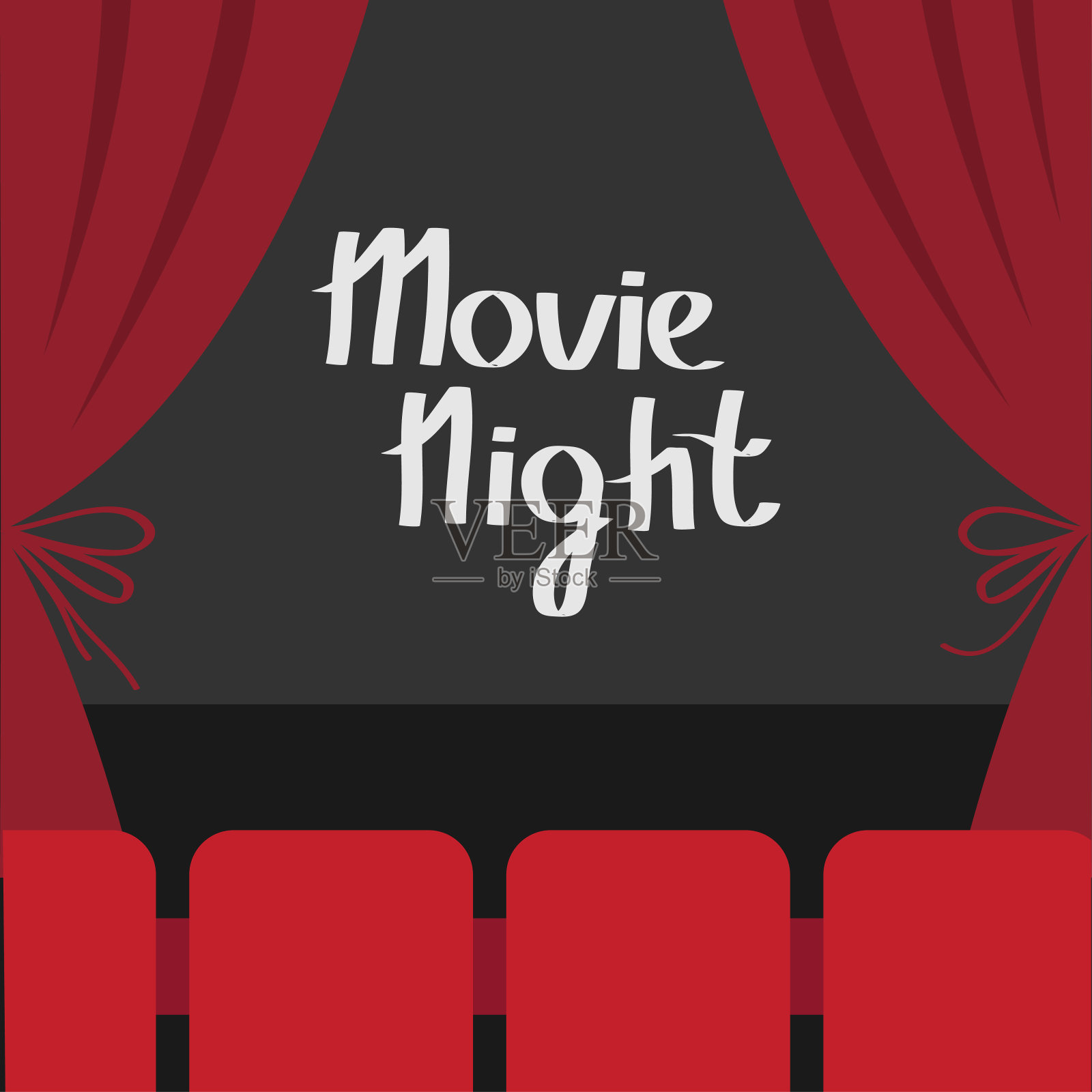 拉开豪华红丝舞台大幕。带蝴蝶结的猩红色天鹅绒窗帘。座位大厅。黑暗的舞台。电影屏幕。电影之夜。电影首映。平面设计。模板。白色背景。插画图片素材