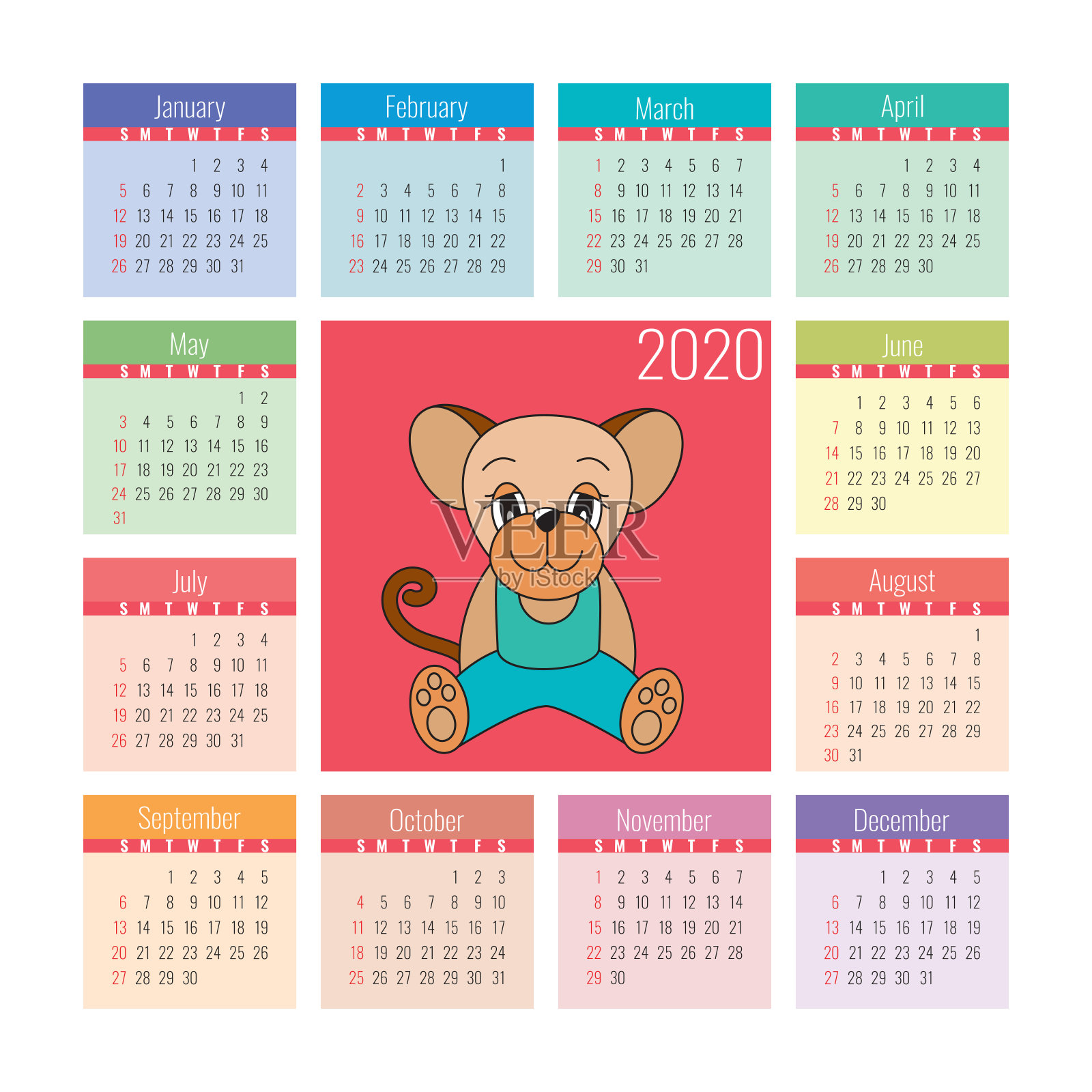 2020年日历。老鼠是新年的象征。矢量设计模板。中国的星座。彩色英语方形袖珍台历。一周从周日开始。卡通鼠标设计模板素材