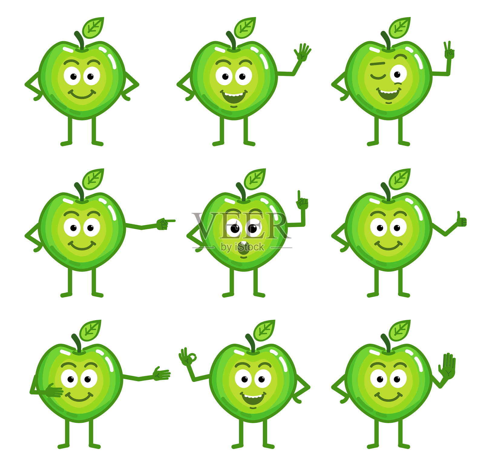 一套卡通绿苹果人物显示不同的手势。欢快的指苹果，问候，竖起大拇指等手势插画图片素材