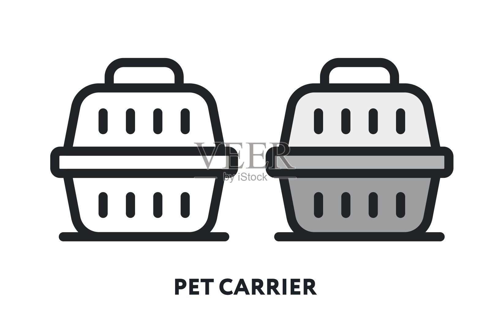 宠物运输箱运输案件猫狗。矢量平线图标说明。插画图片素材