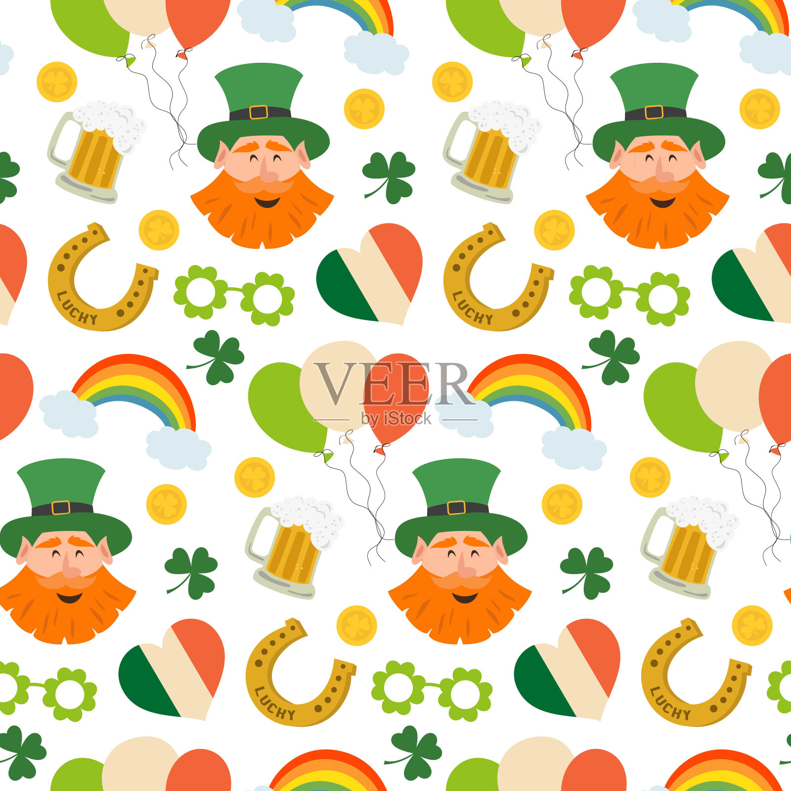 无缝模式与圣帕特里克节图标。插画图片素材