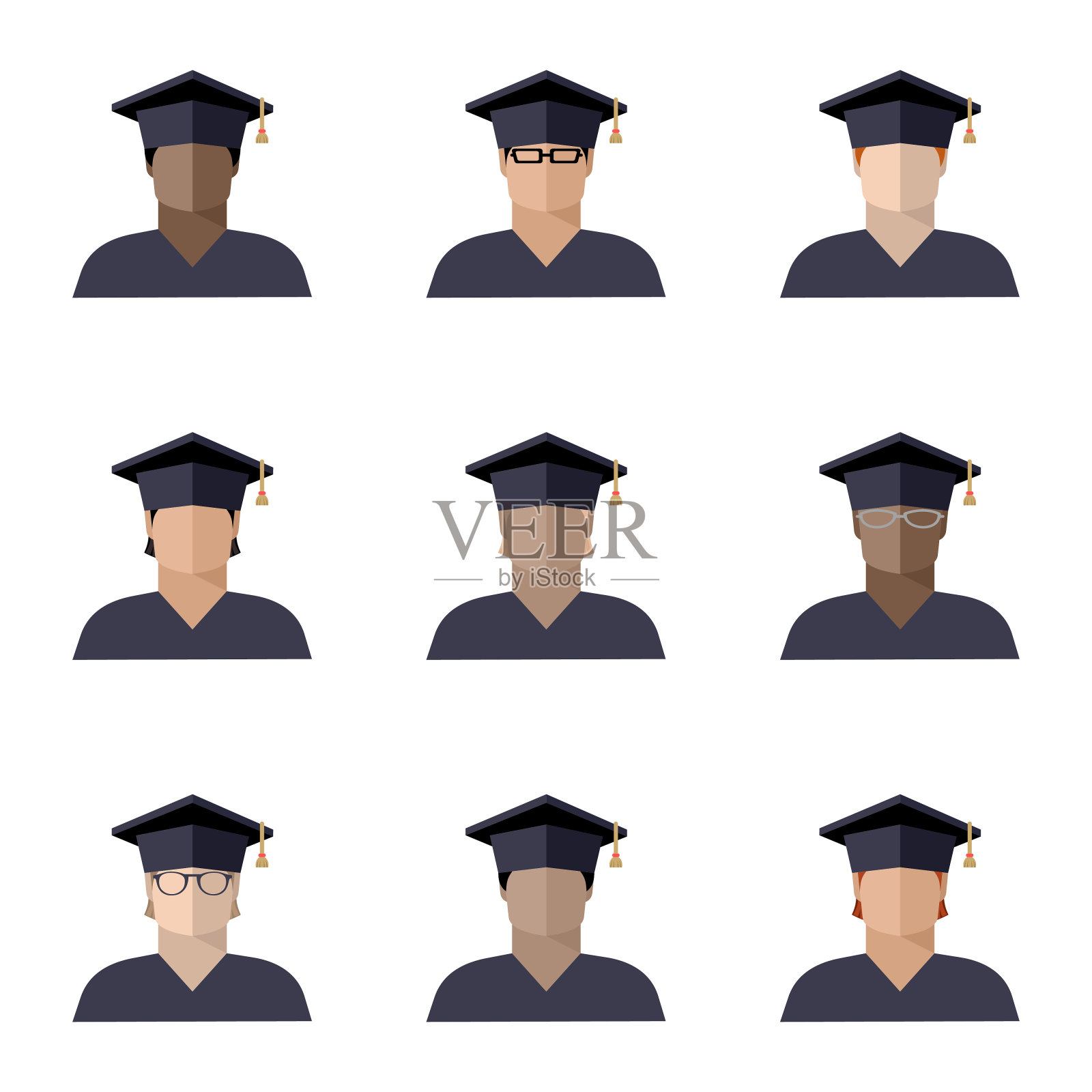 一组学生男孩戴着不同种族、国籍和肤色的毕业帽插画图片素材