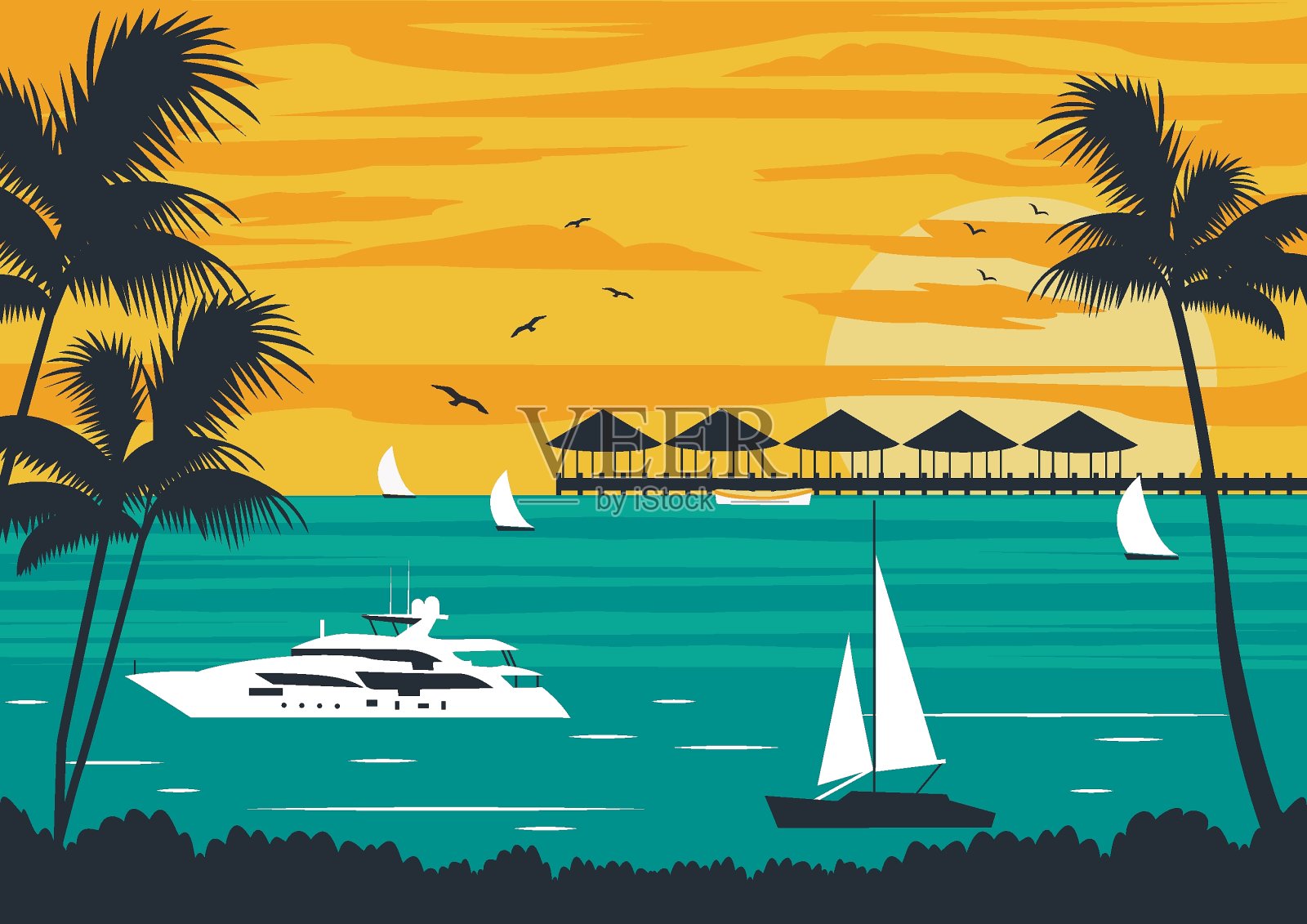 日落时分的热带海滩。插画图片素材