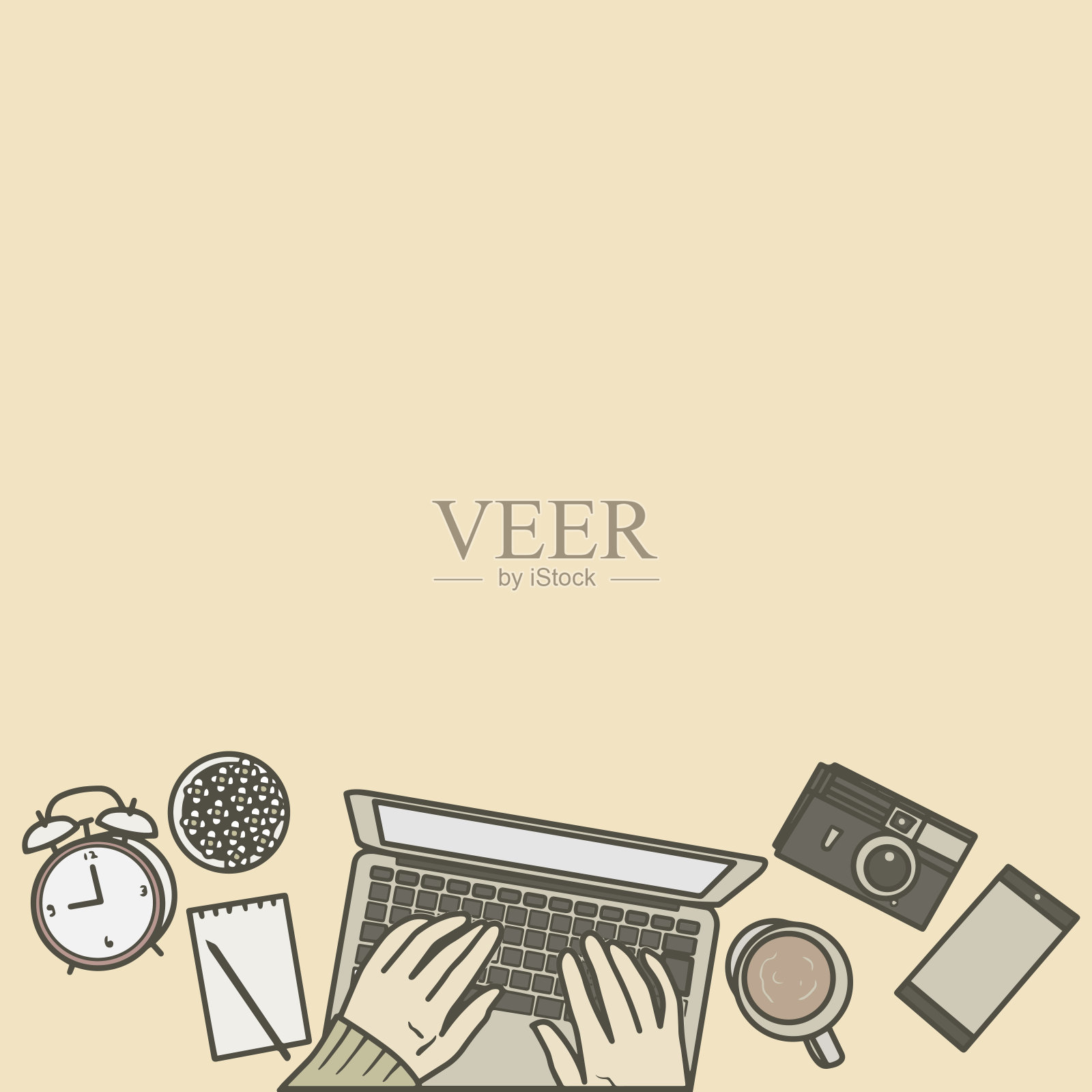 俯视图办公桌。手绘矢量艺术风格插画图片素材