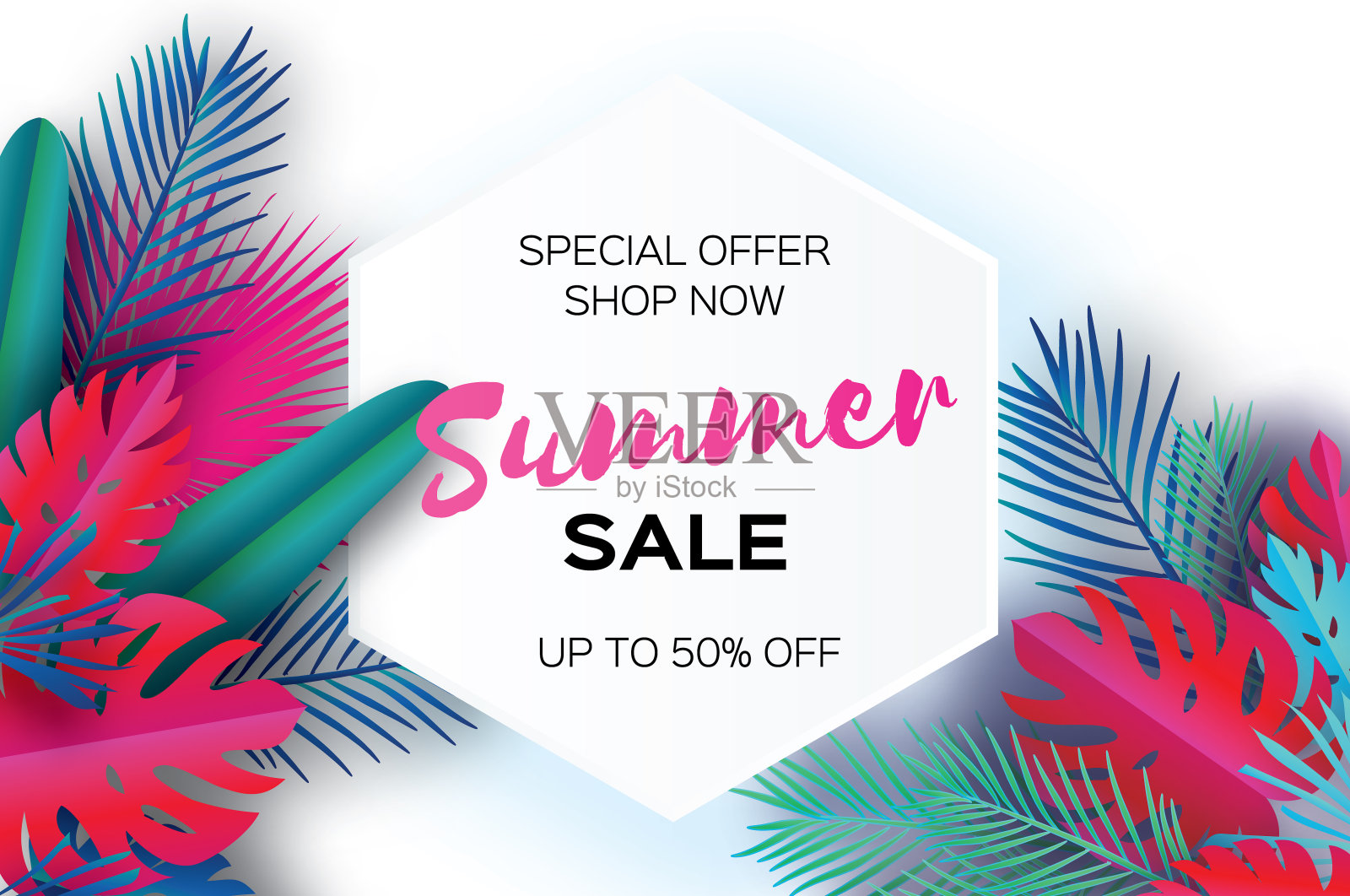 时髦的夏季销售模板横幅。热带棕榈叶、植物。异国情调。夏威夷。空间的文本。六边形框架。多彩的丛林花卉背景。蓬莱蕉。向量设计模板素材