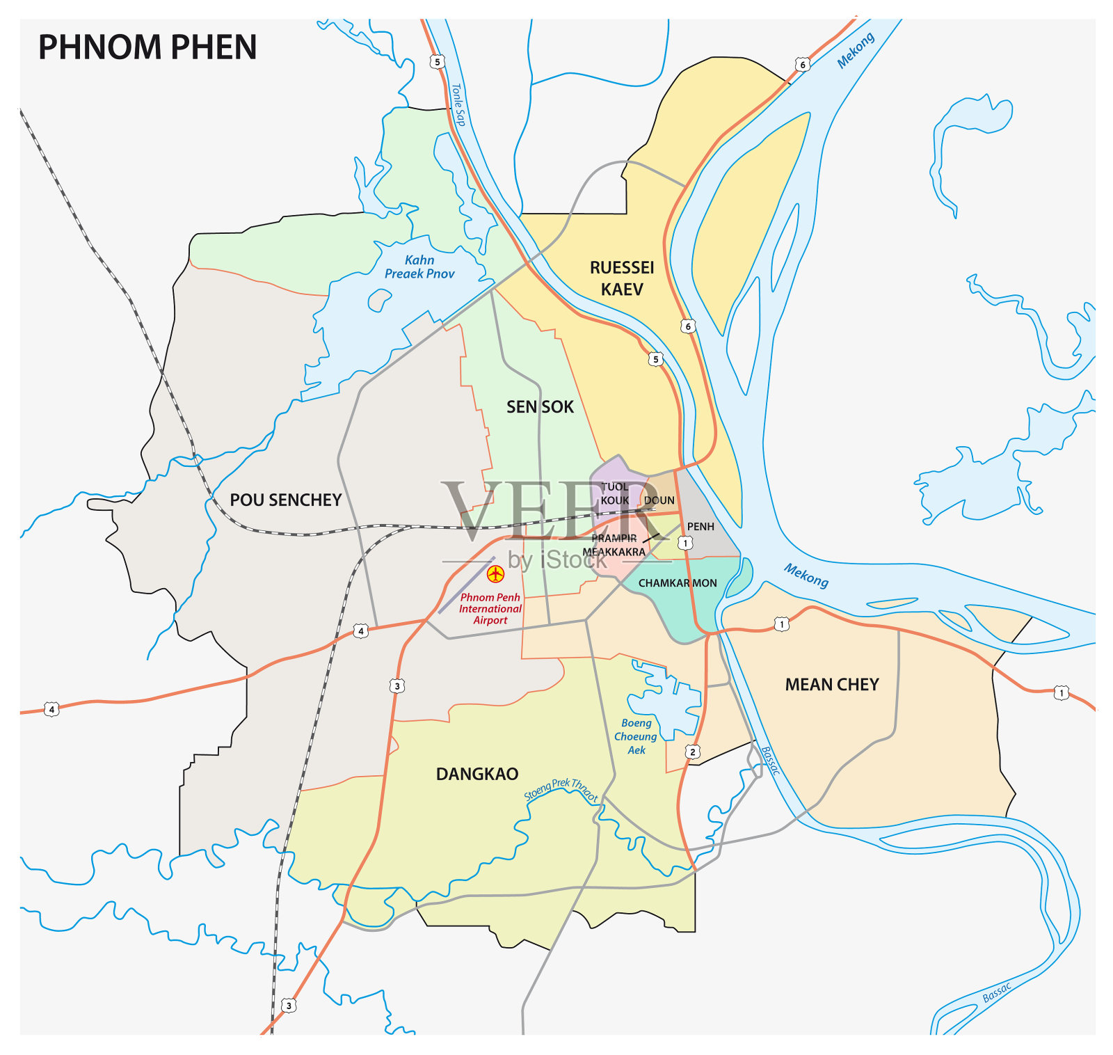 柬埔寨首都金边的行政和路线图插画图片素材