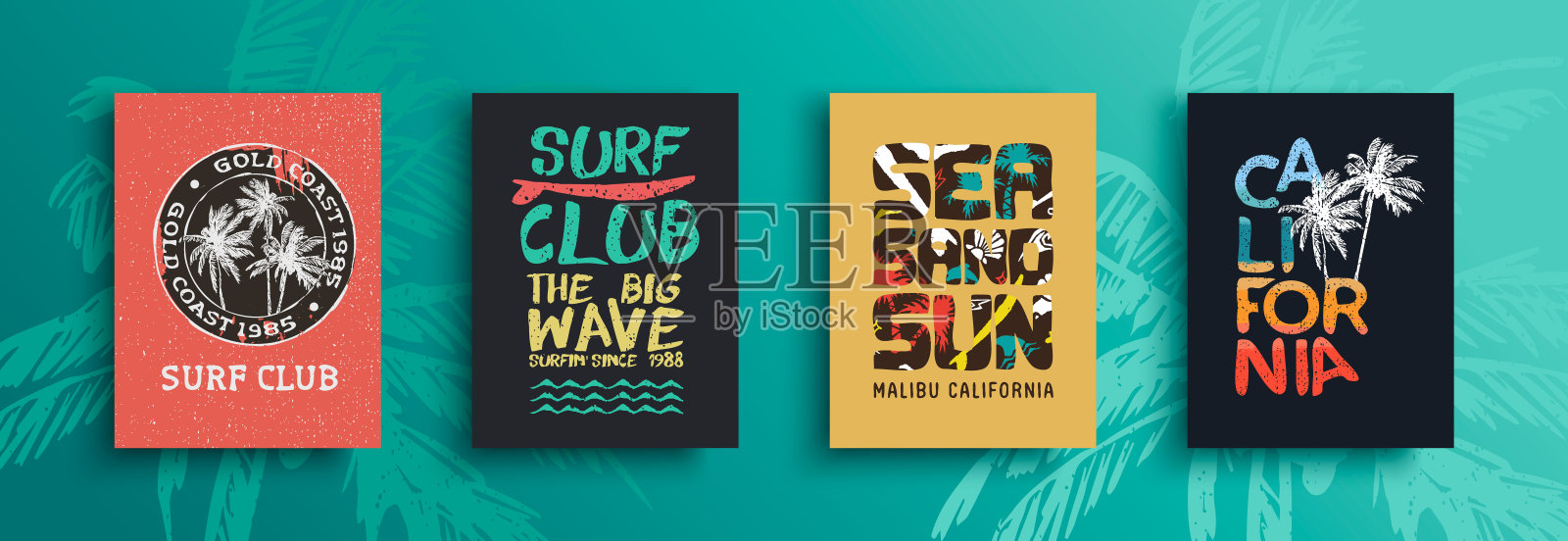 复古夏季报价集和冲浪标签插画图片素材