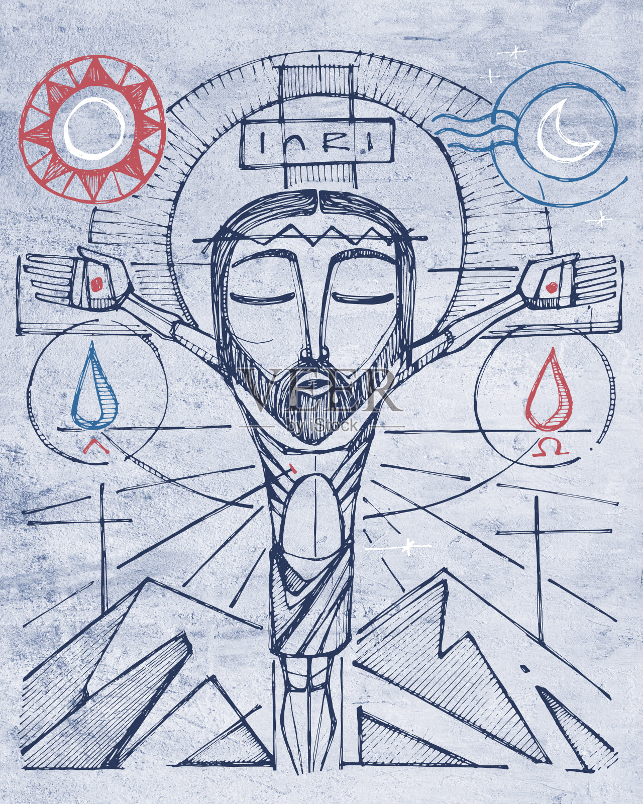 耶稣基督在十字架上手绘的插图插画图片素材